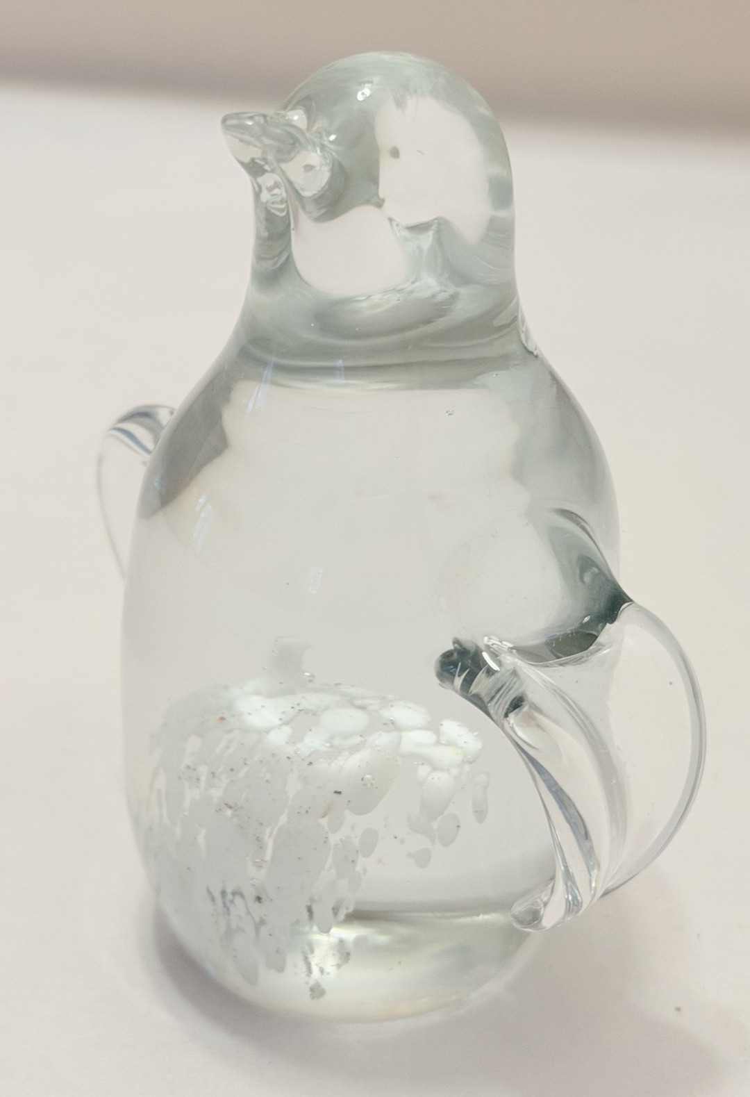 Penguin Figurine Art Glass Clear White Speckle Boho VTG Handmade Crystal Gift