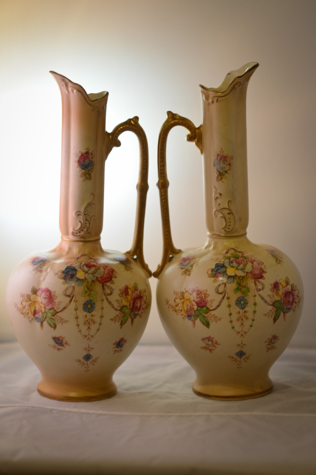 Antique Ewer Form Vases Matching by Devon War S.F. & Co. England Amazing