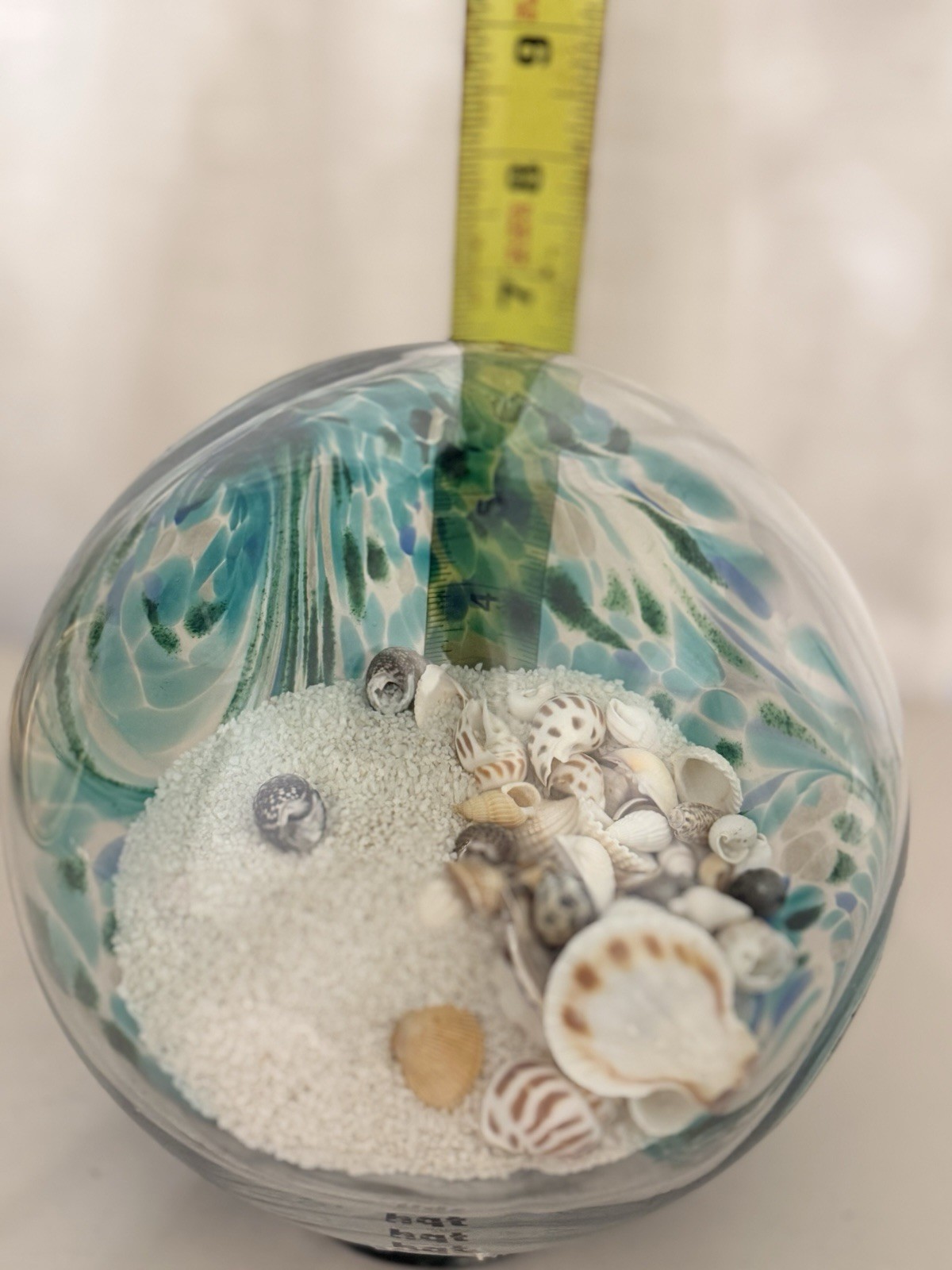 Large HQT 7” Art Glass Sea Globe Beach Paperweight Sand Shells Teal Blue