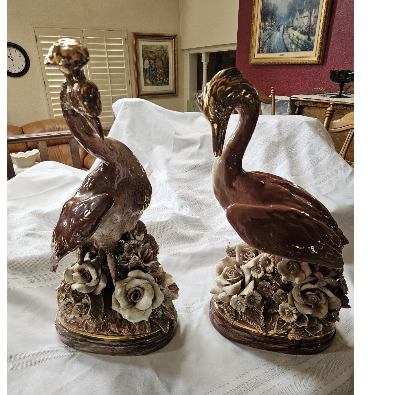 Freeman-Leidy Signed Ceramic Bird Figurines Floral Base Glossy Finish Decorative