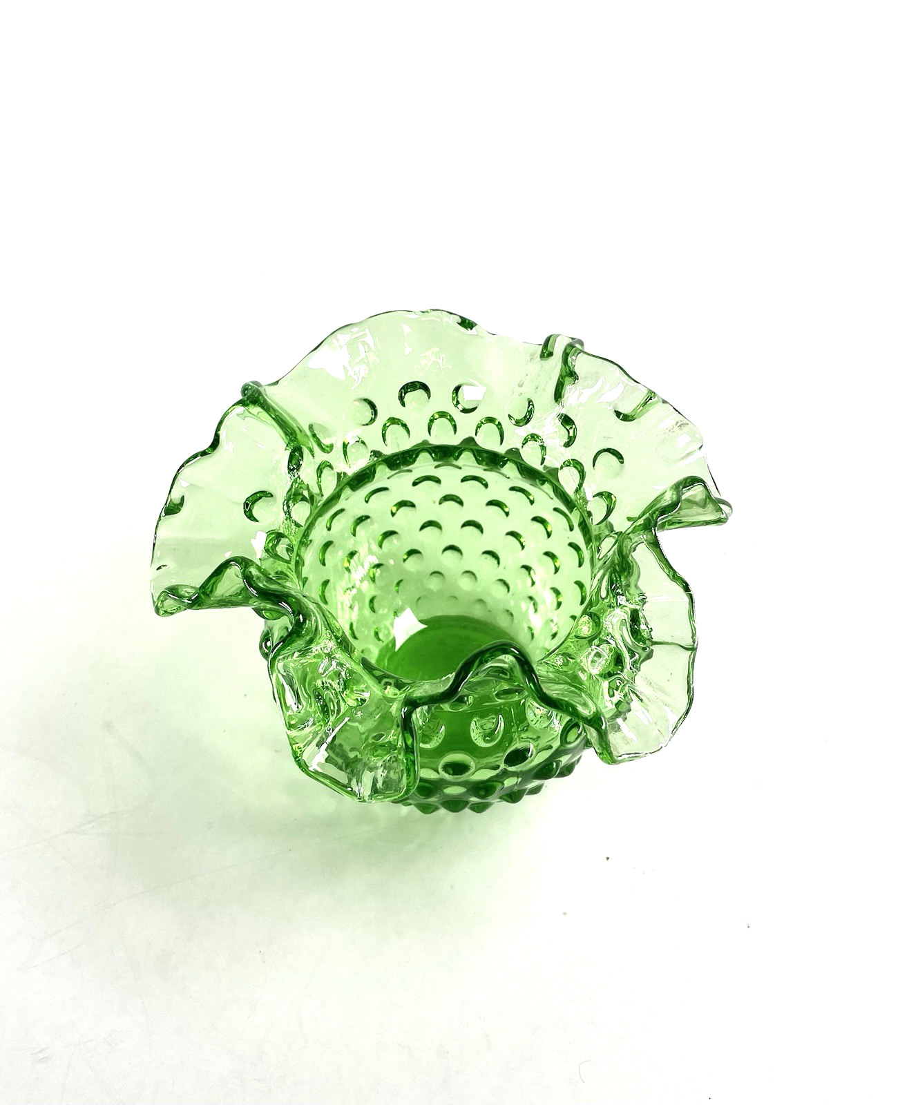 VTG Fenton Glass Vase Spring Time Green Hobnail RoseBowl Ruffled Edge 4” MARKED