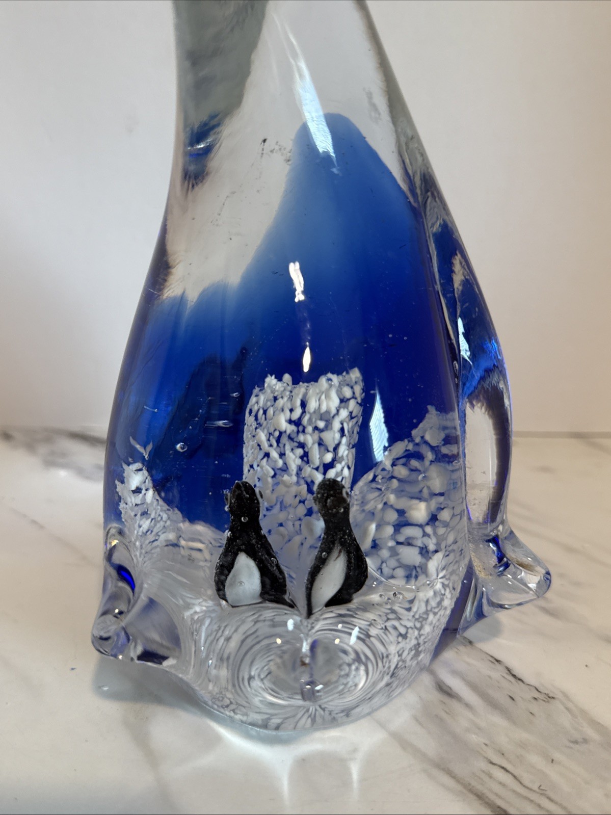 Murano Style Cobalt Art Glass Mother PENGUIN w/ Babies Figurine Paperweight 7” H