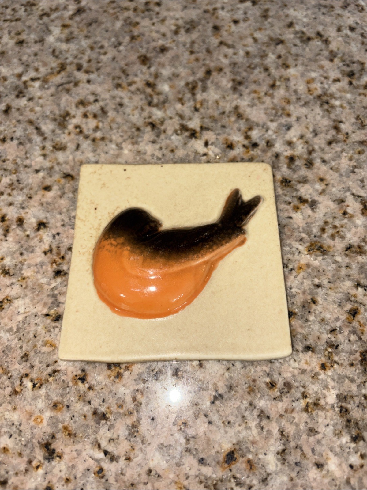 Glazed Pottery Ceramic Small Tile Orange and brown Bird 3 1/4 X 3 1/4 #C33