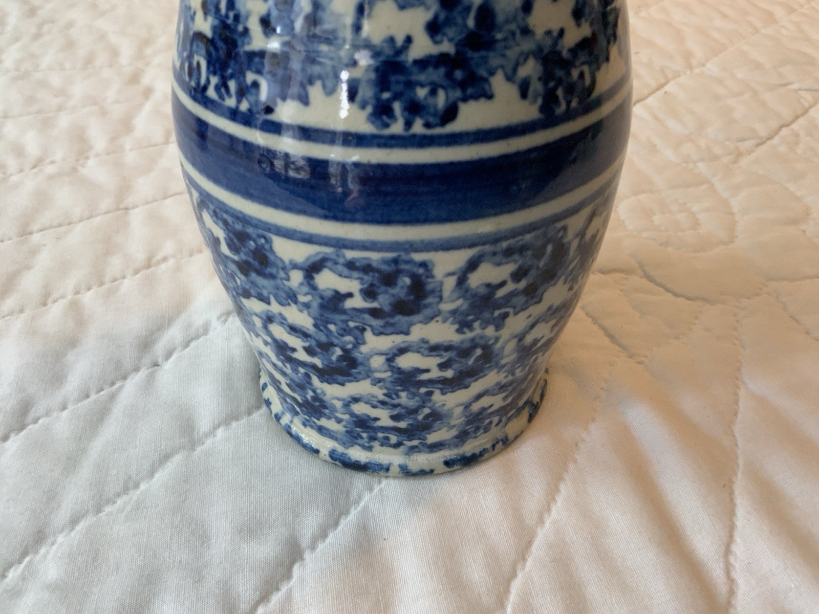 Vintage Pottery Vase, Salt Glaze Spongeware, 1991, Blue & White, 6 3/8” Tall