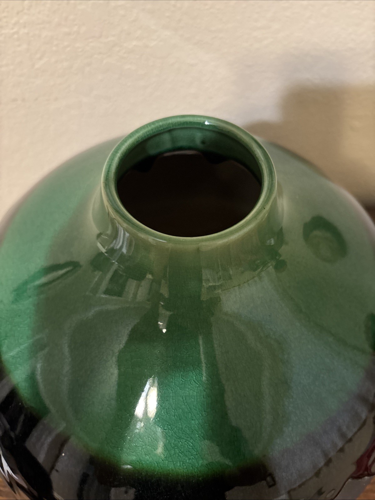 Large Mid 20th Century Black & Green Ceramic Pottery Vase w/Black Drip Icing