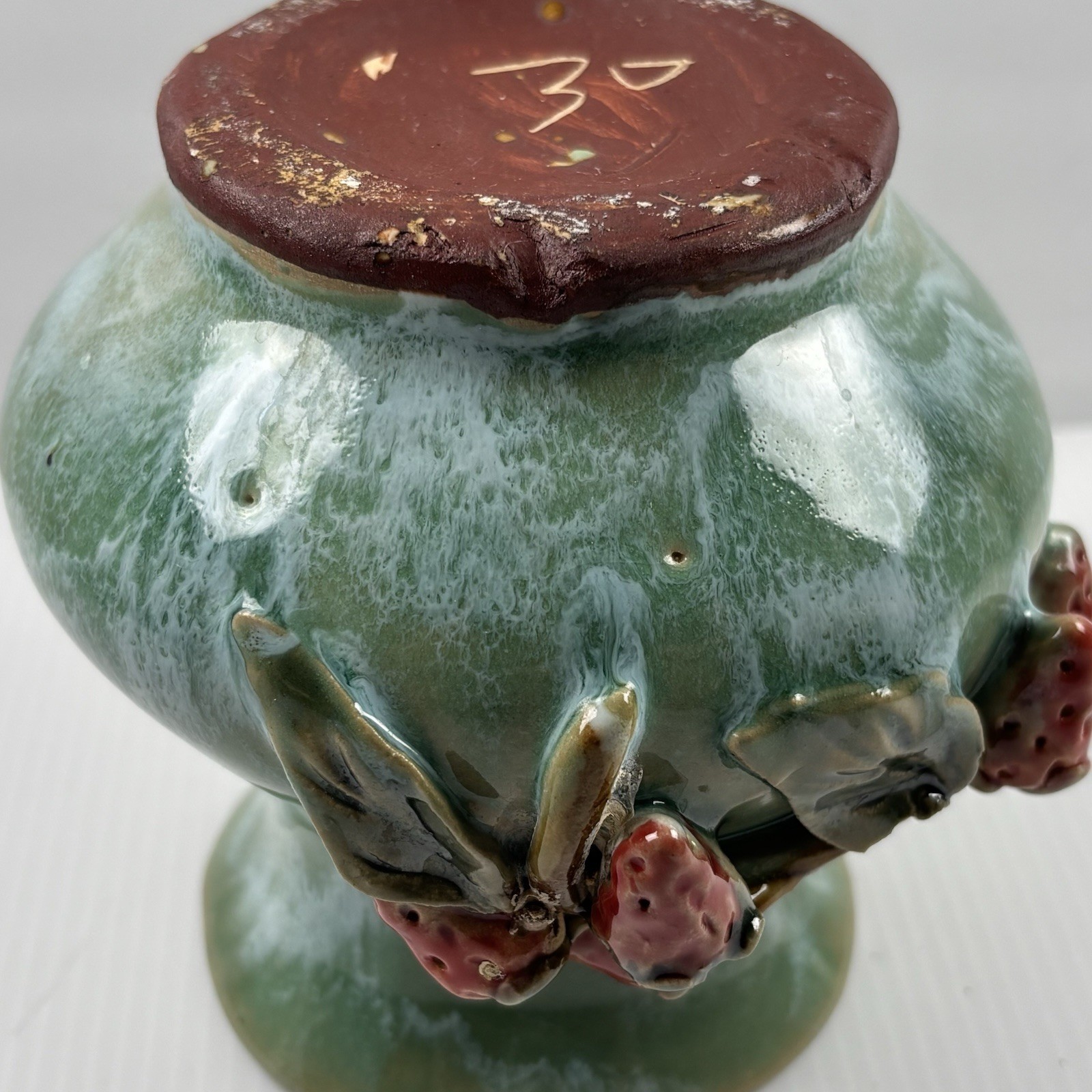 Majolica Style Pottery Vase Strawberries Branch 3D 4.5” Tall Art Studio *READ*