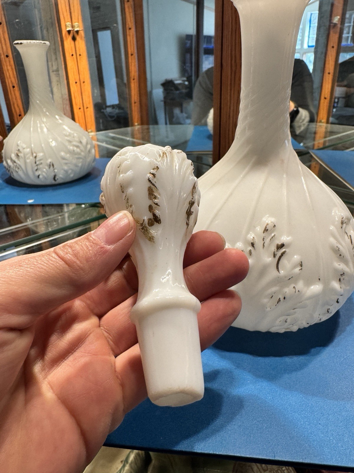 White Opaque Glass Decorative Bottle with Leaf Pattern, Stopper, 12in