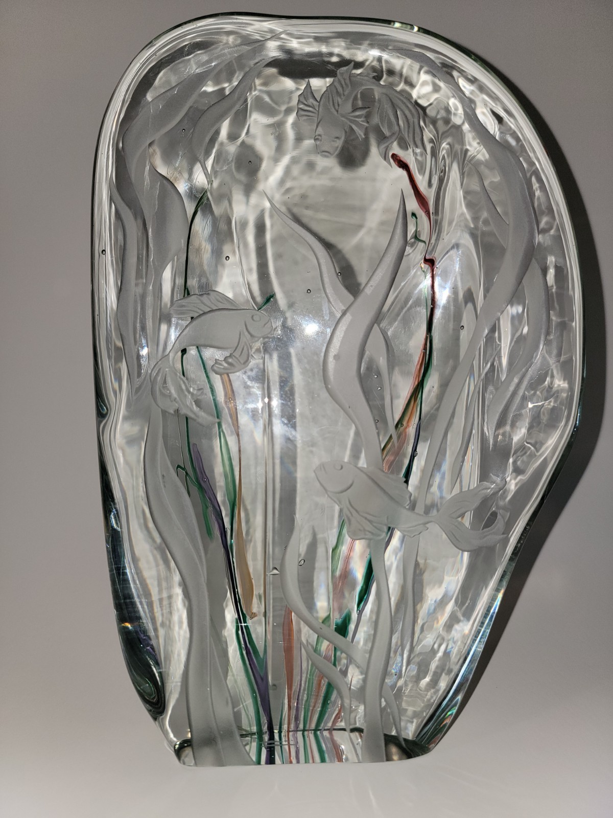 Murano style koi fish Glass Aquarium Block Sculpture Signed R. Hamon , READ D