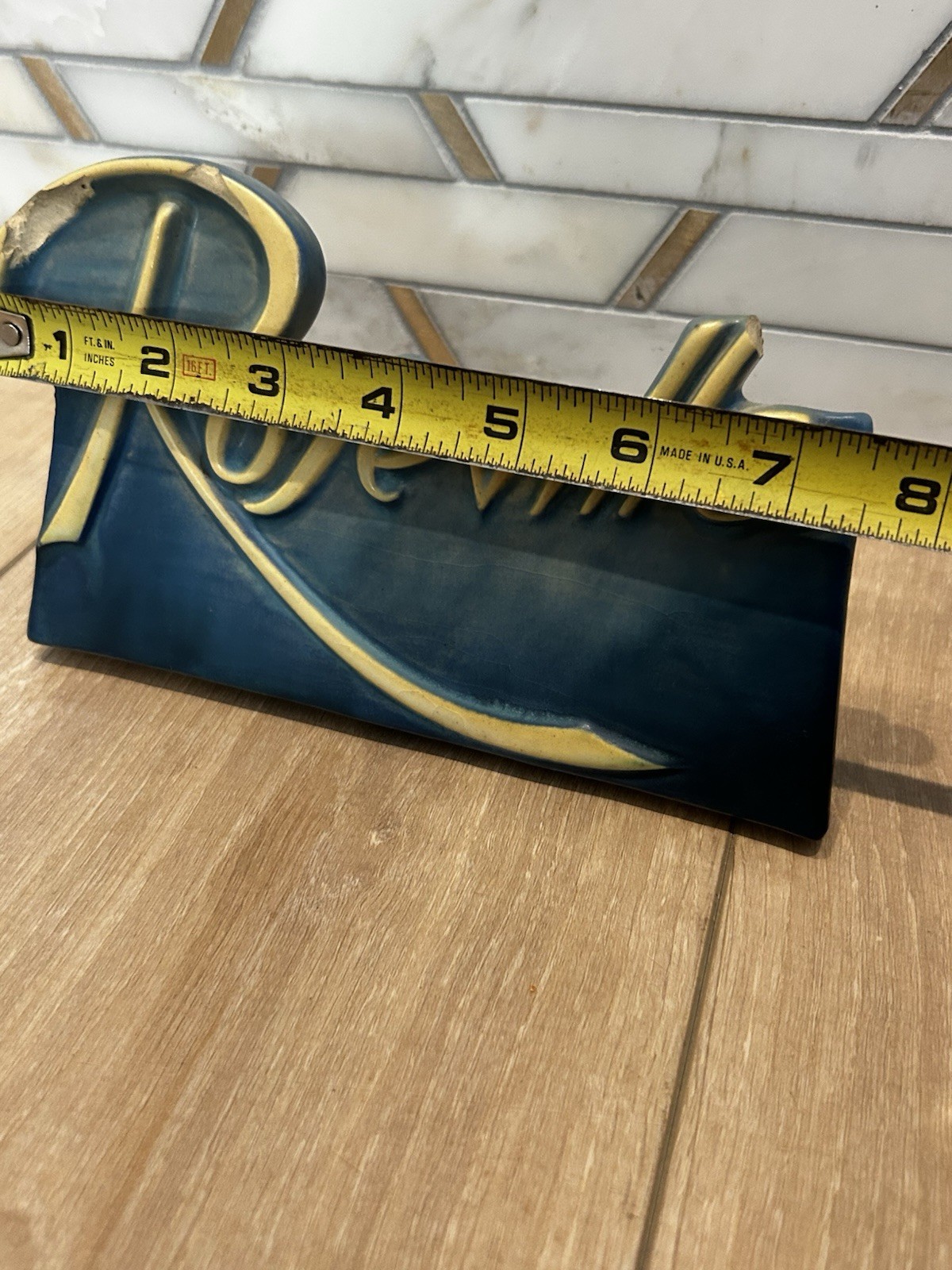 ORIGINAL VINTAGE BLUE CERAMIC ROSEVILLE POTTERY DEALER DISPLAY SIGN