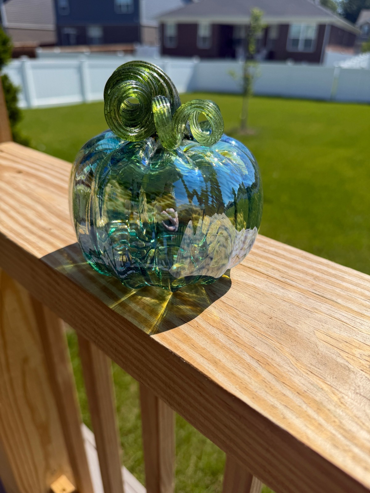 Hand Blown Art Glass Pumpkin Aqua Green Swirl Decorative Fall Harvest OOAK 5-6”