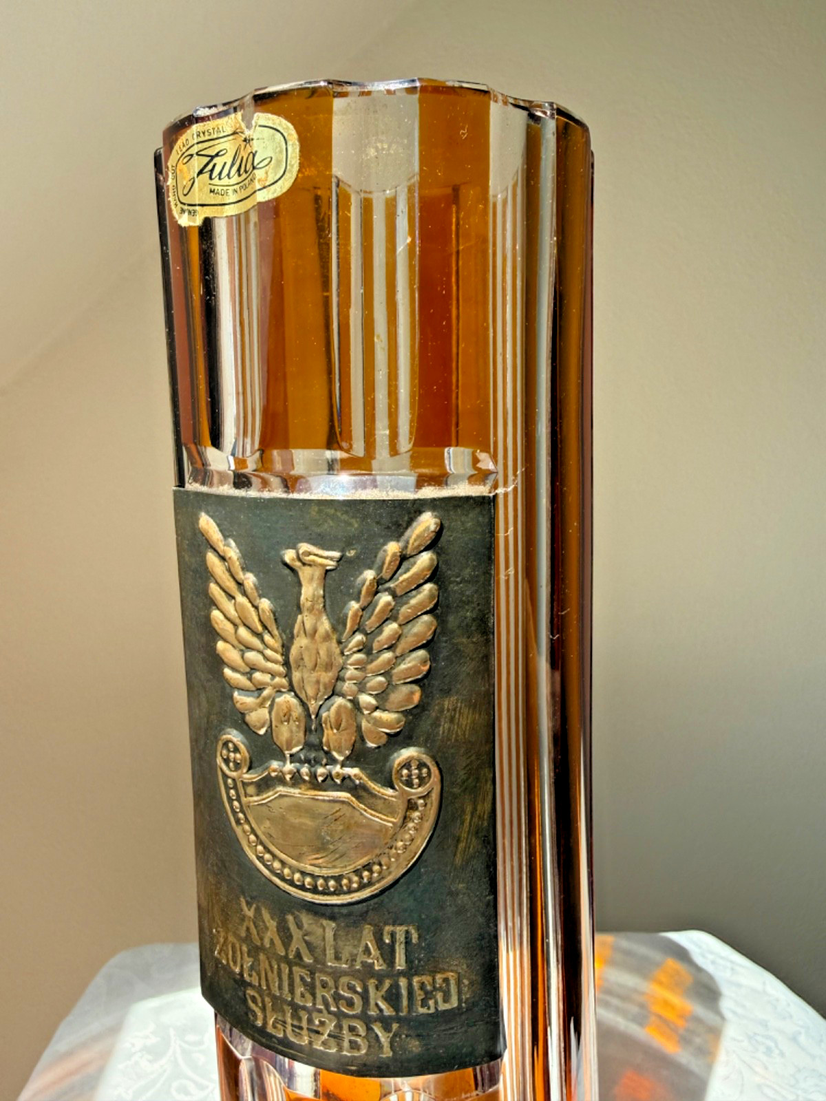 Vintage Julia Poland Amber Lead Crystal Vase 33cm Military Eagle PRL Hand Cut