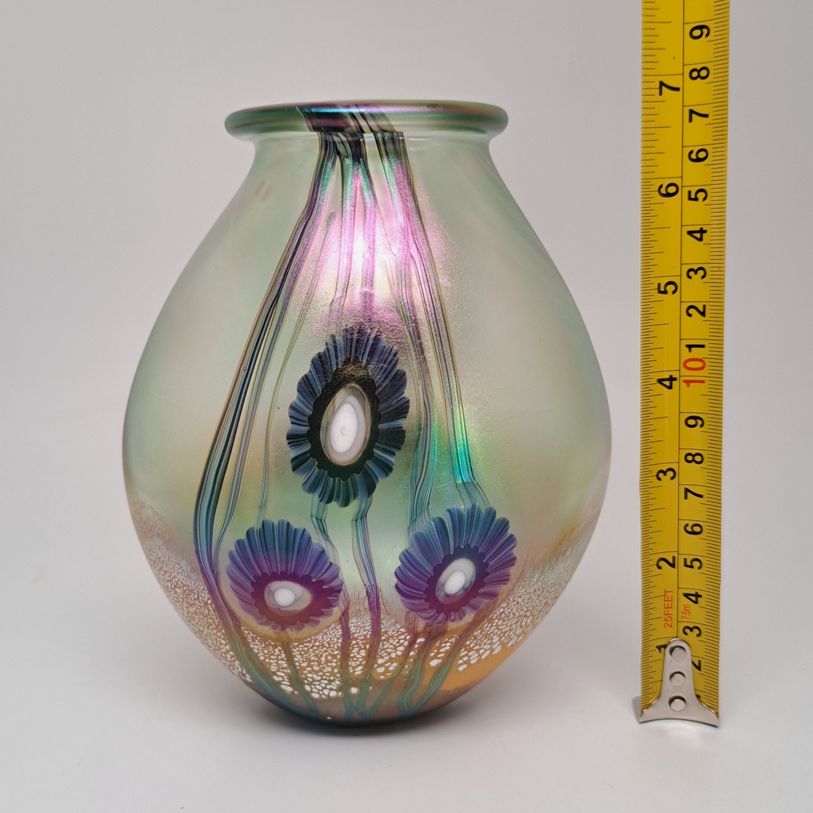 Robert Eickholt Art Glass Iridescent Seascape Hyacinth Pillow Vase Handblown