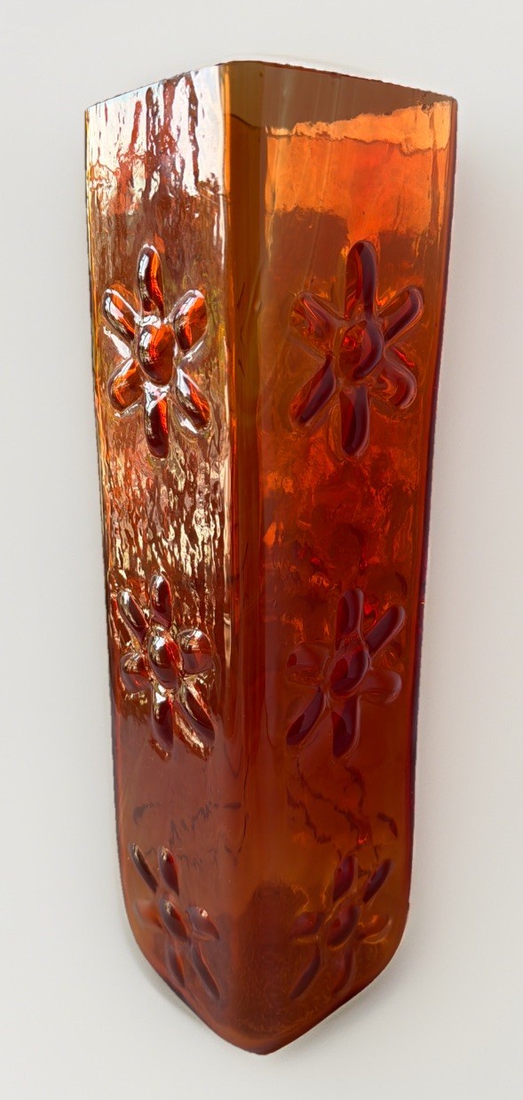Vintage Blenko 6115-L Tangerine Glass Vase Wayne Husted Triple Daisy MCM 14.25”