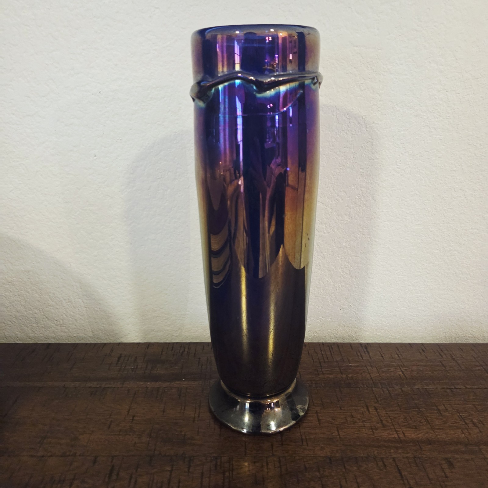 VTG Iridescent Cobalt Blue Purple Glass Vase Carnival Swirl Mid Century Signed