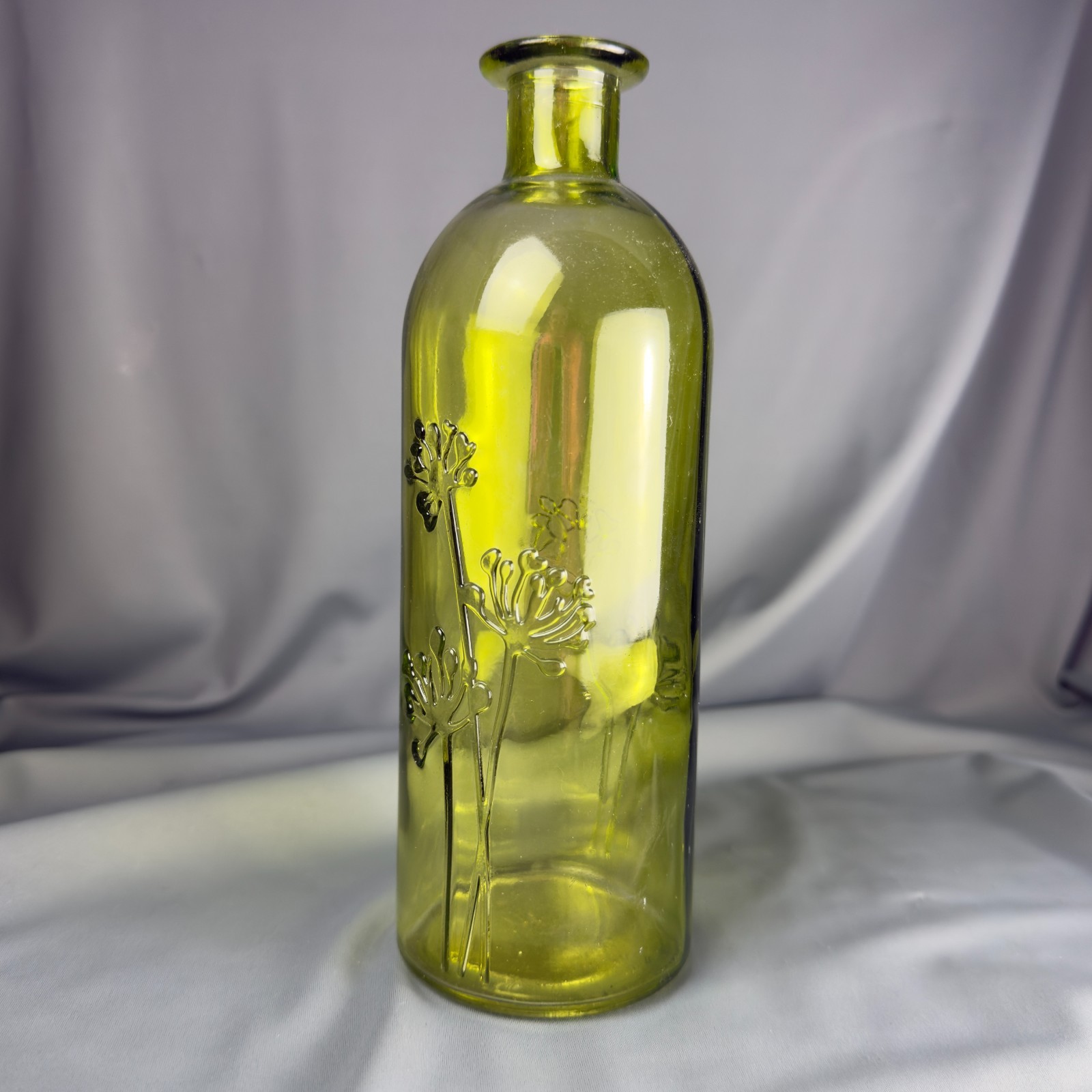 San Miguel Olive Green Recycled Glass Vase Bottle Embossed Flowers 8.5″ Fairy