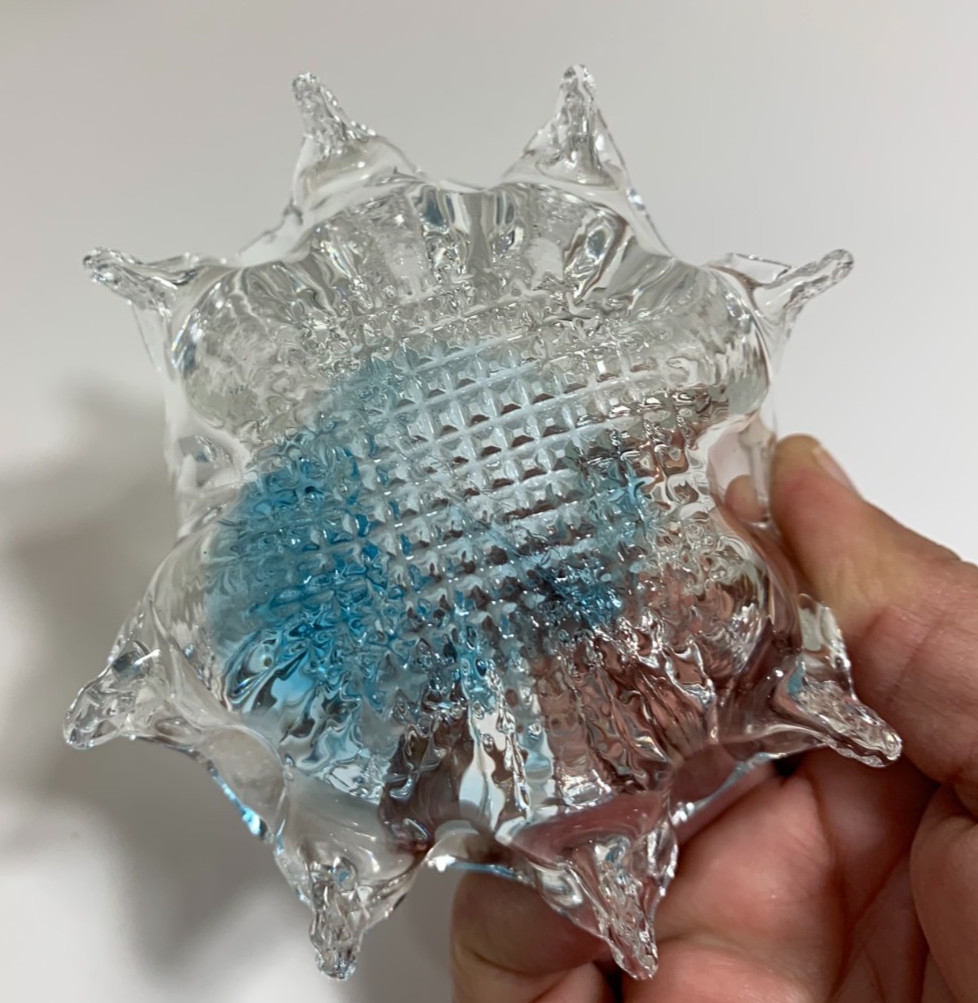 Vintage Chalet Art Glass Blue Basket Whimsy Split Handle Diamond Texture Base