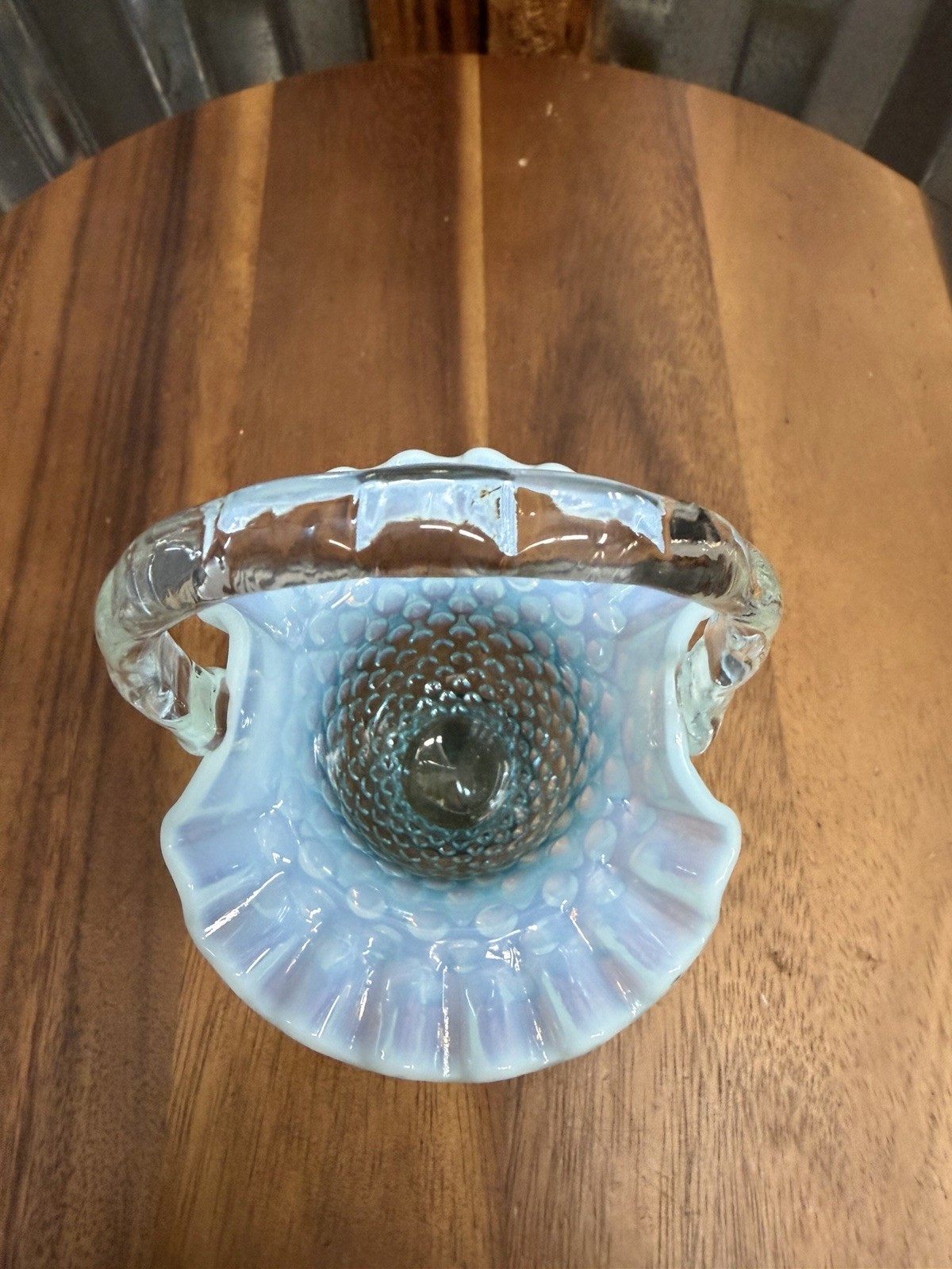 Vintage Aqua Opalescent Hobnail Glass Basket Ruffled Rim Applied Handle