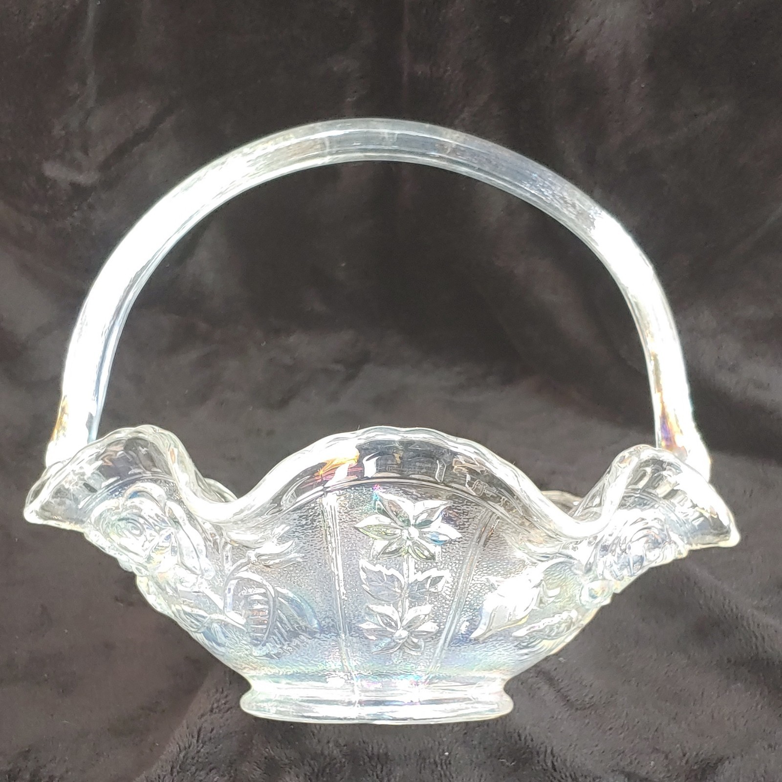 Clear Iridescent Carnival Glass Decorative Basket with Handle Floral Pattern