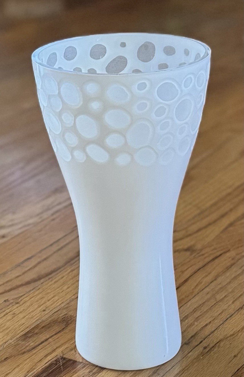 Modern Decorated Hand Blown Thick White Glass Cut To Clear Polka Dot Vase 11”