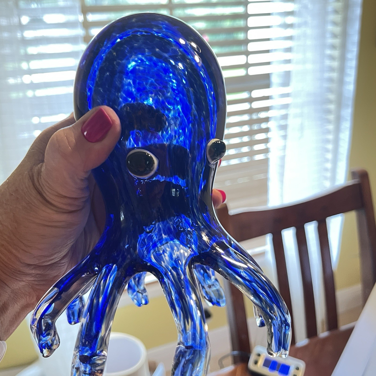Hand Blown Cobalt Blue Art Glass Octopus Sculpture 7” X5” 2.6 lb Murano Style