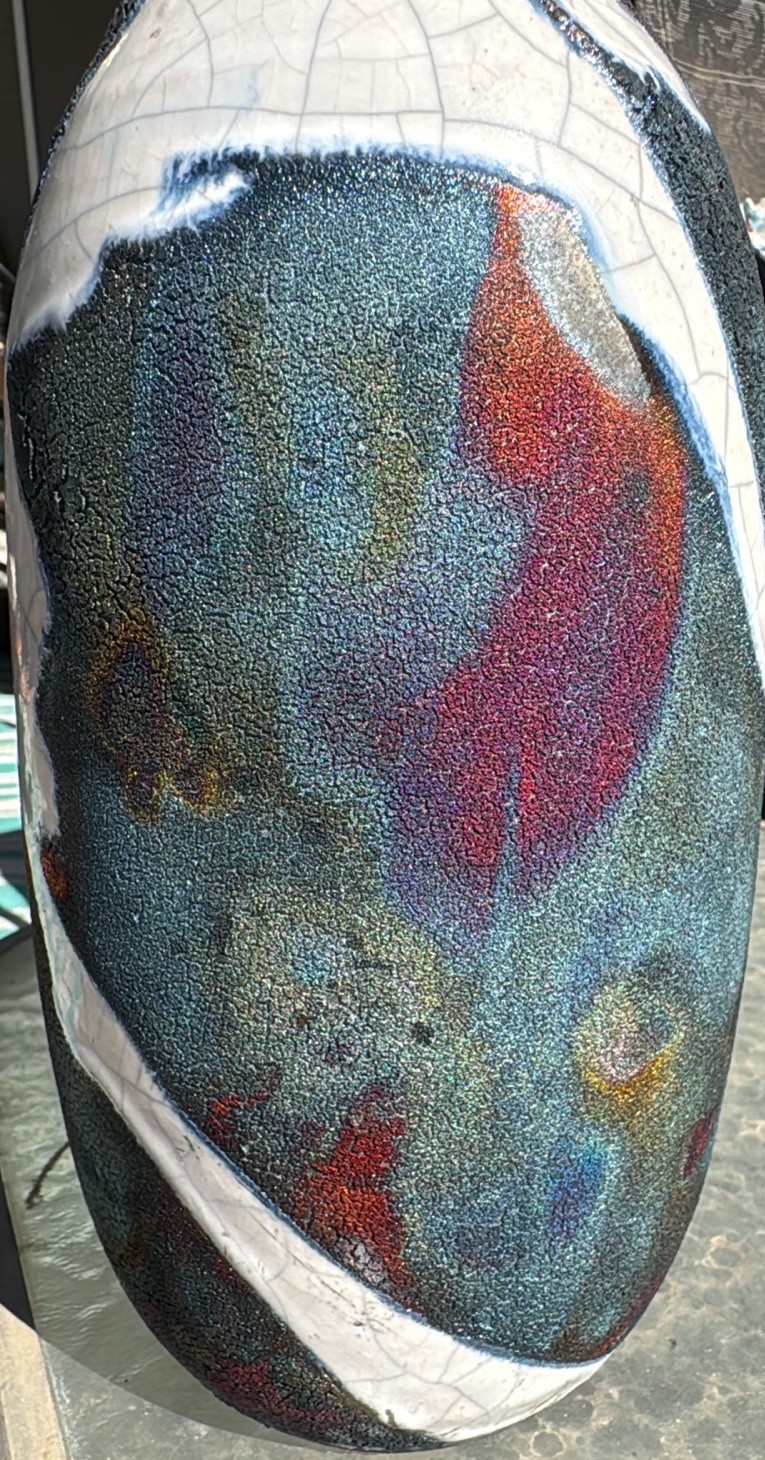 Vtg Scott Wilson 2004 Vibrant Peacock Colors RAKU 13.5” Vase Signed by Artist
