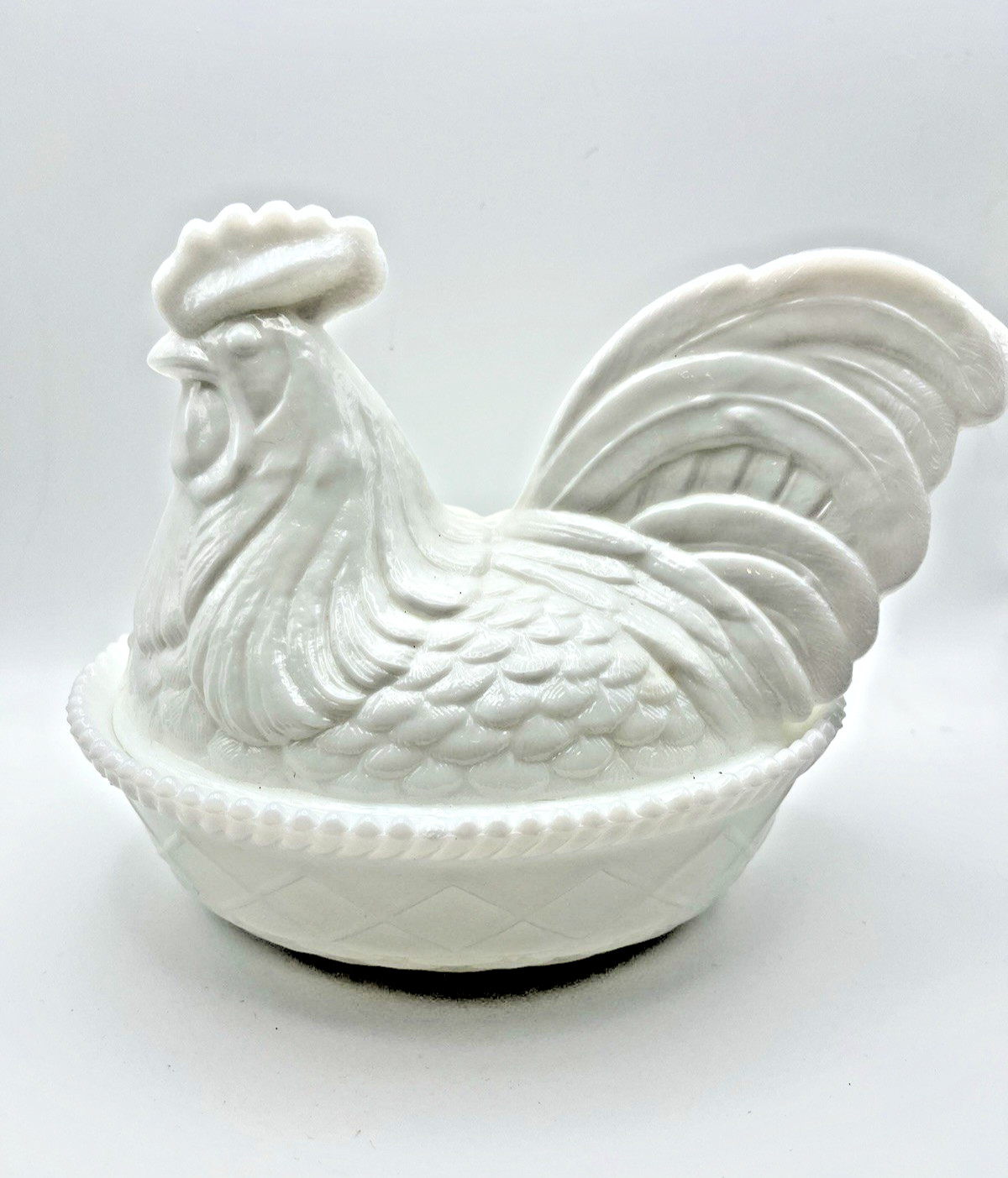 Rare~Vintage John E. Kemple ~ White Milk Glass ~ Split Tail Rooster On A Nest