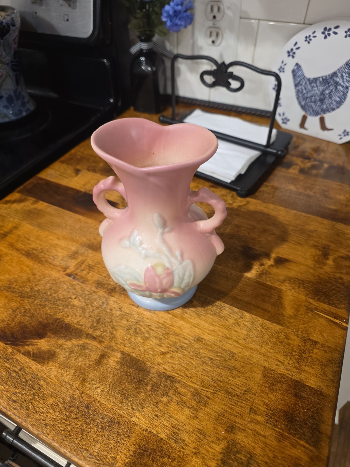 HULL Art Pottery Pink and Blue Vase Matte Finish Double Handle Vase 6 1/2 In