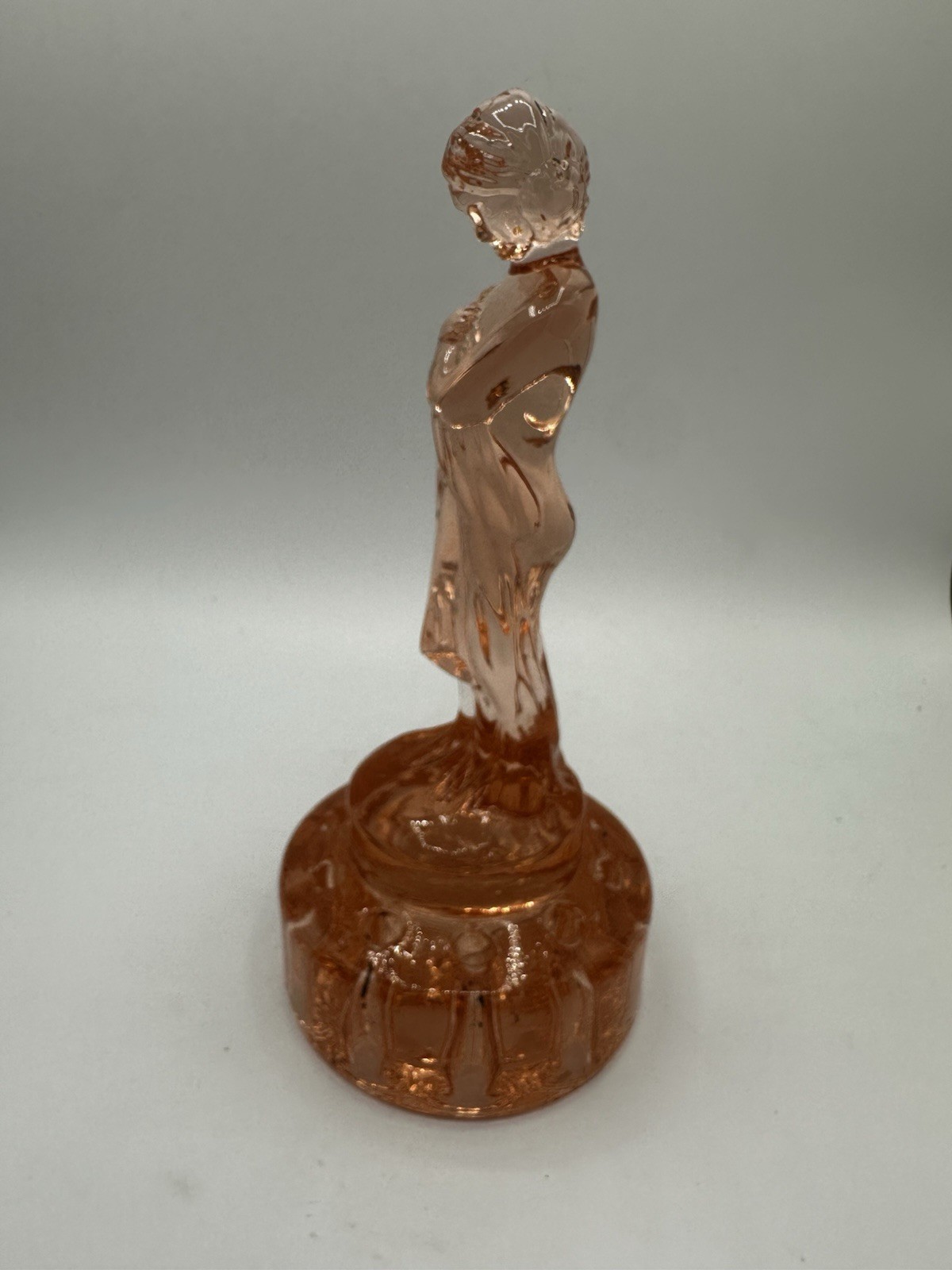 CAMBRIDGE MIRROR IMAGES ART DECO DRAPED LADY FLOWER FROG / PEACH CARNIVAL GLASS