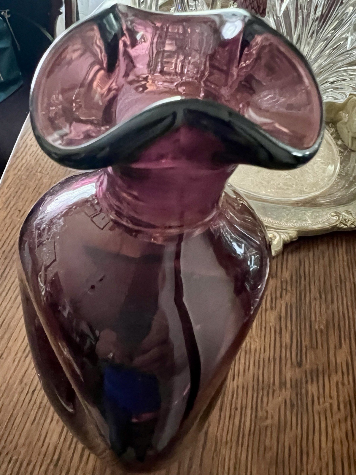 Vintage Amethyst Hand Blown Ruffled Rim Vase, 8 1/2”