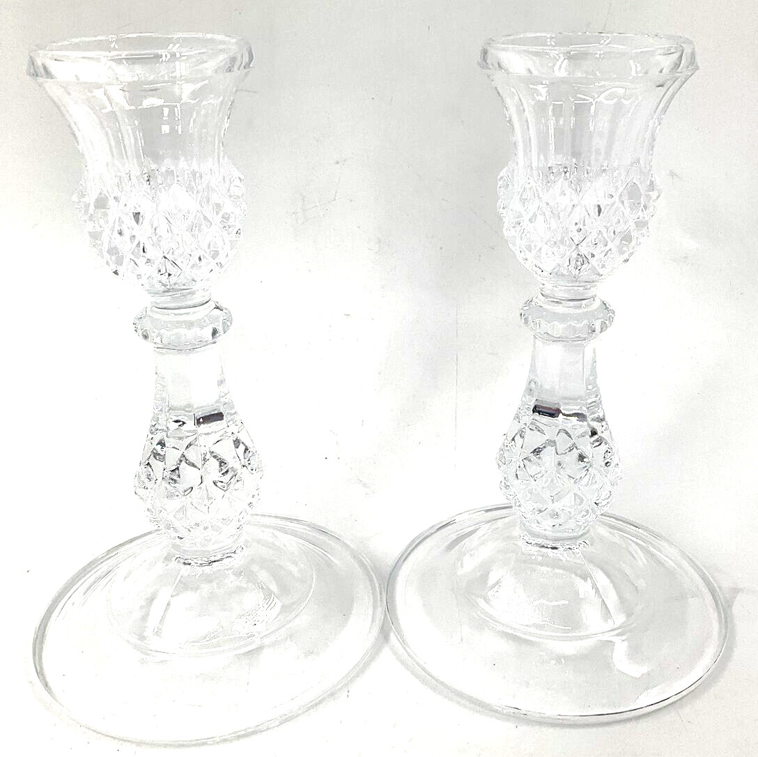 Cristal D’arques Durand Longchamp Candlesticks 6” Clear Diamond Cut Blown Glass
