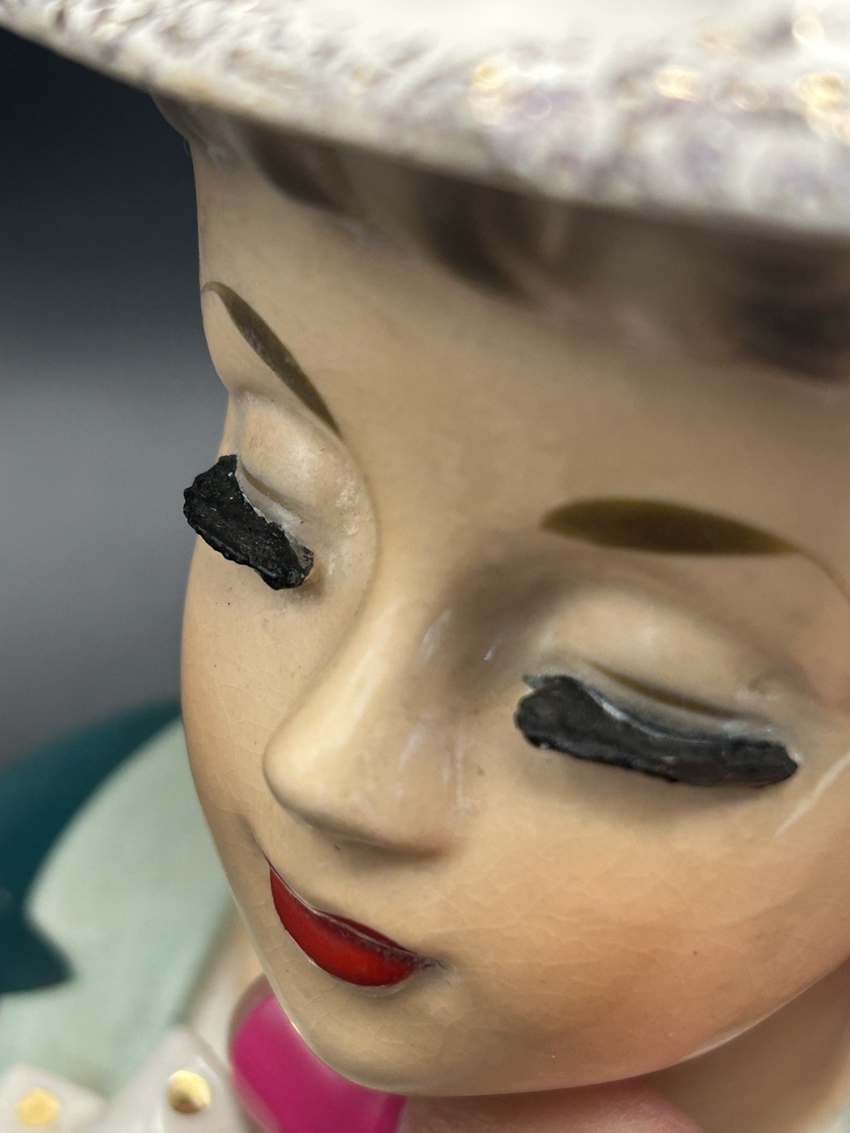 Vintage Ardco Lady Head Vase Hat w/Blue Flowers, Teal & Mint Green Top & Bow Tie