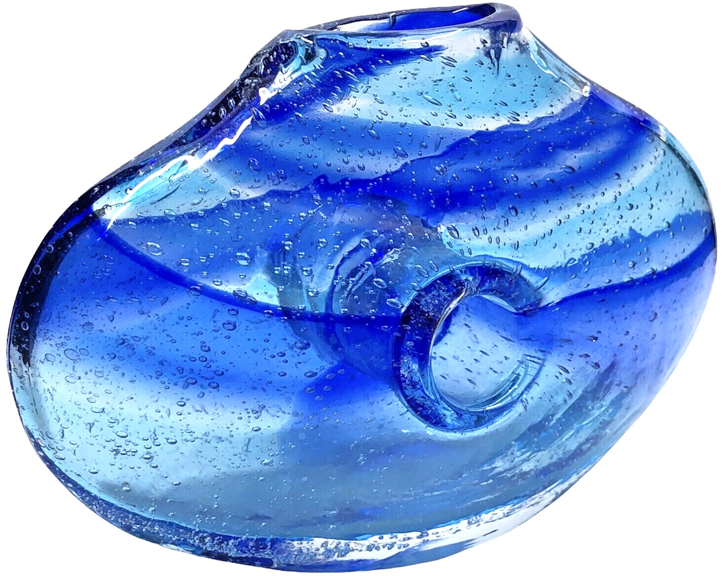 Cobalt Blue Swirl Art Glass Vase Hand Blown Center Opening 7” Wide x 5″ Tall