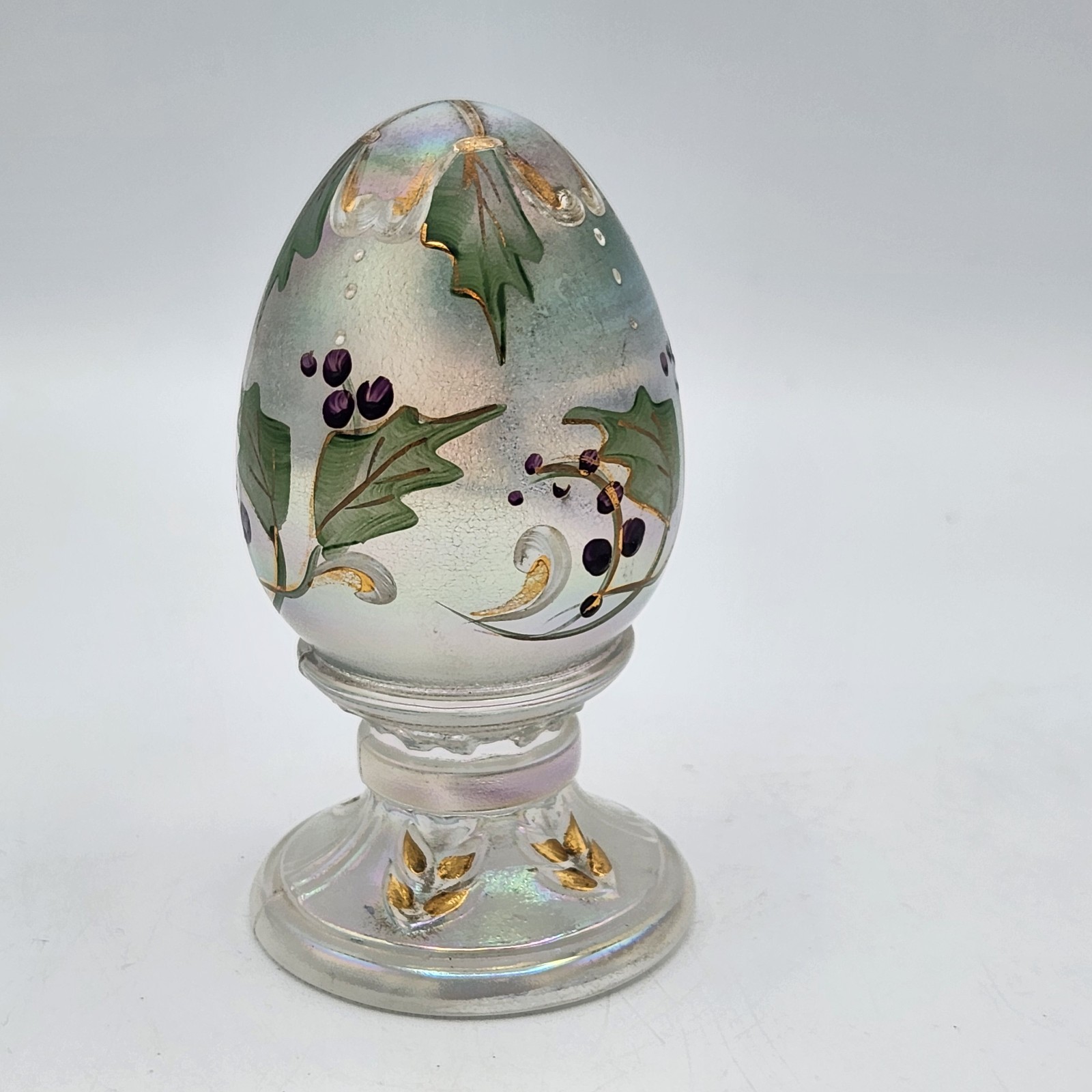 Fenton Glass Egg on Pedestal Purple Berries Iridescent Signed S. Miller No. 1176