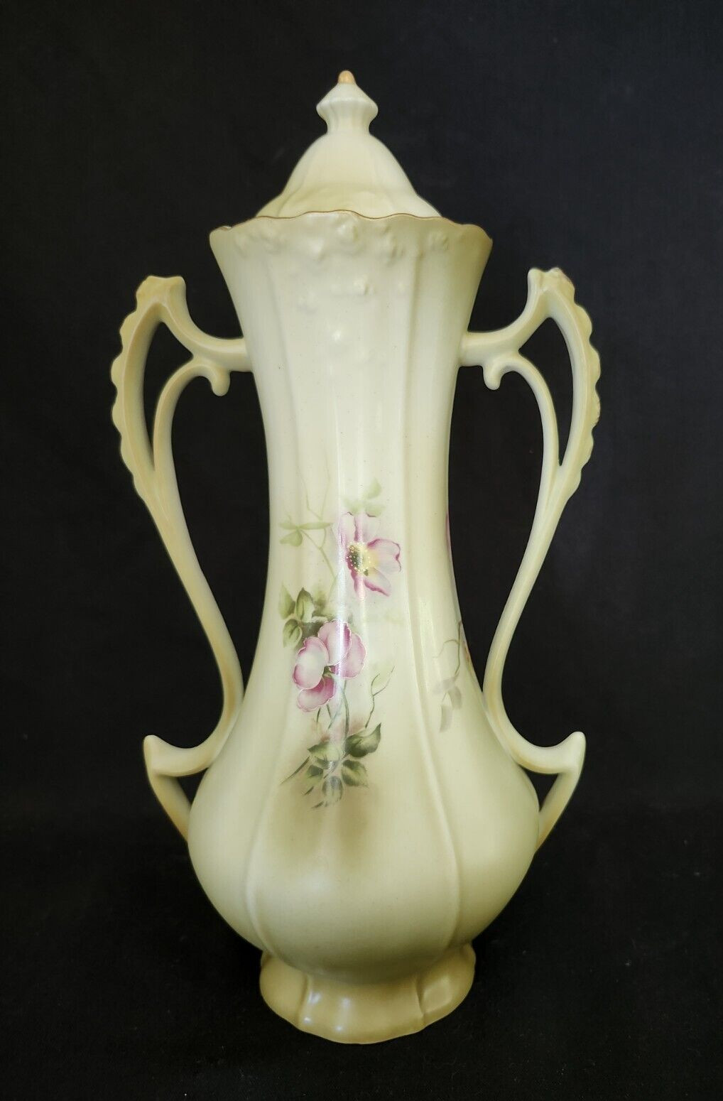 Nippon Urn Vase w/Lid 2 Handle Hand Painted Green w/Pink Flower Rose Gold Guild