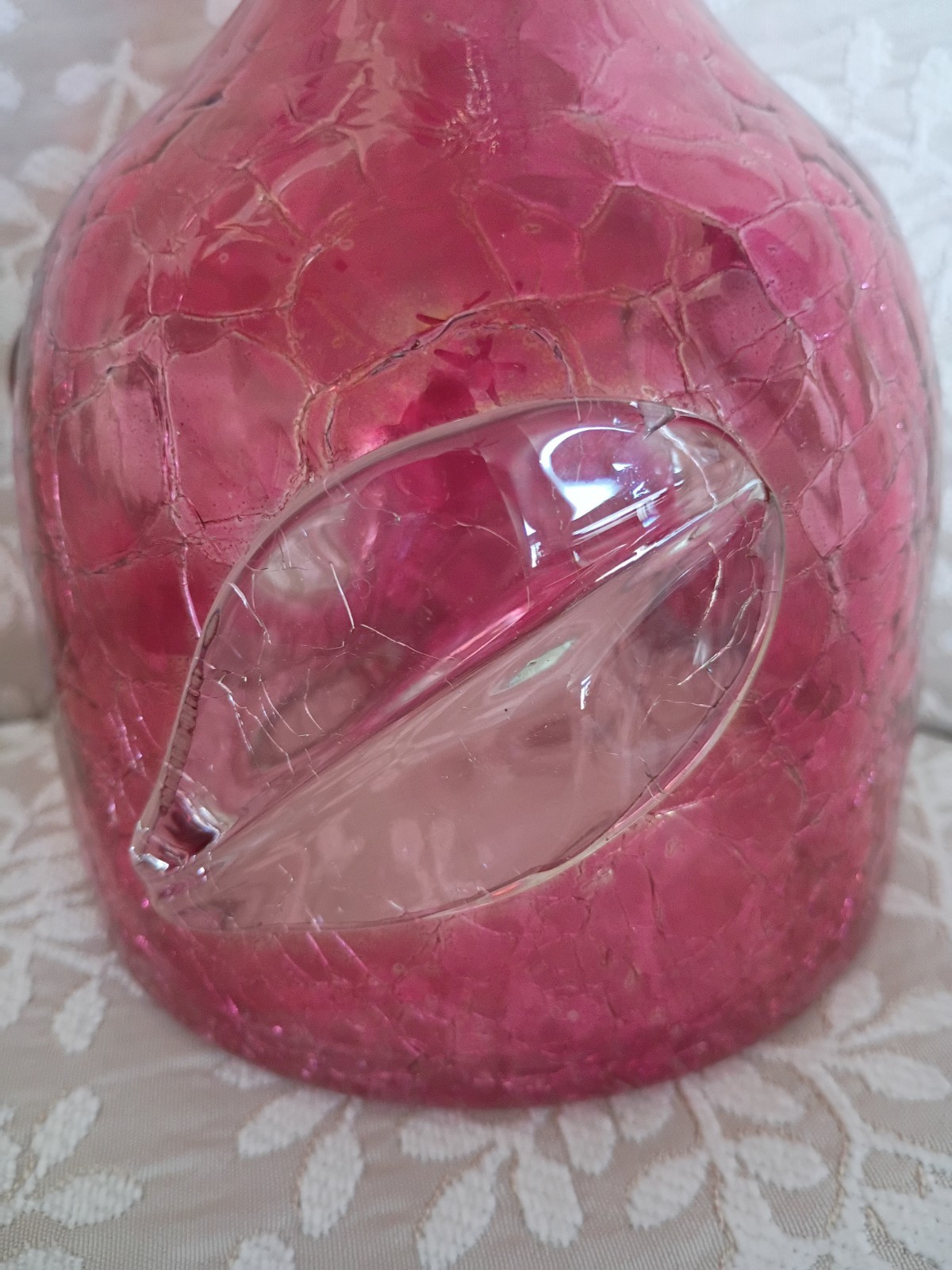 Blenko MCM Pink Crackle Glass Decanter with Pink Stopper Applied Leaf Vintage
