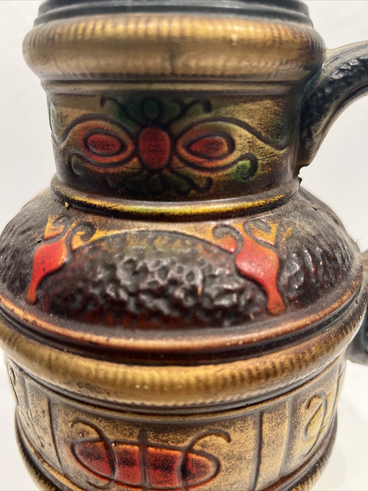 Vtg. 9″ Norleans Japan Metal Handled Vase, Brown Base Multicolor Accents, Used