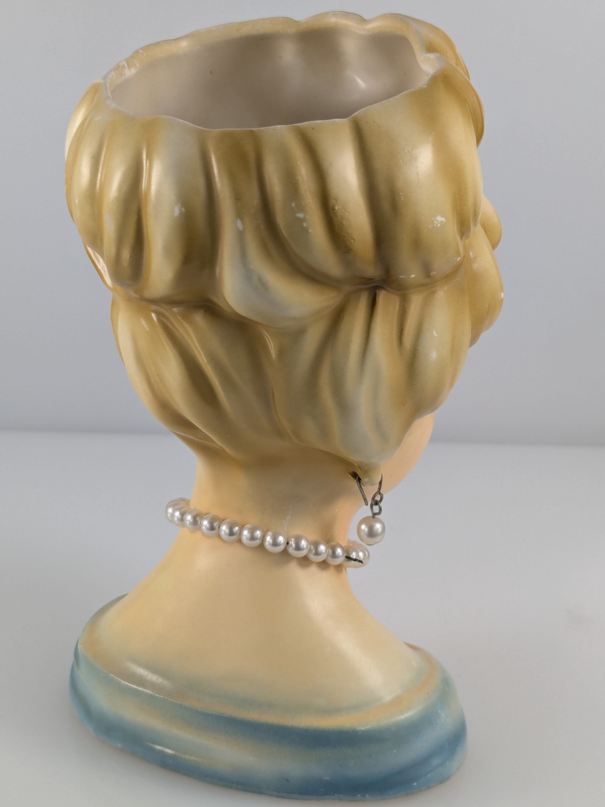 Vintage Lady Head Vase Glossy Cold Pink Cheek Blue Dress & Hair Original Jewelry