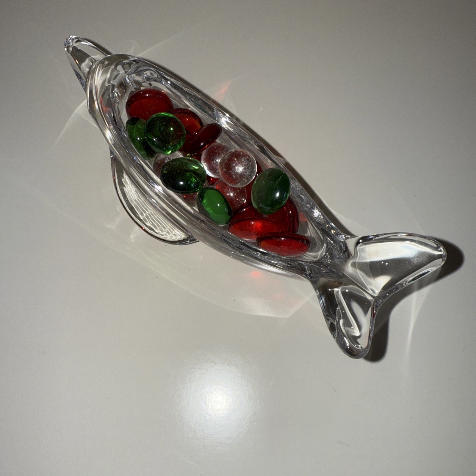 VTG Clear Glass Dolphin Figurine, 6.5″ L x 3″ W x 2.25″T Multi Color Marbles