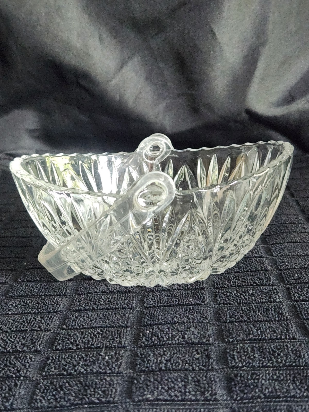 Vintage Glass Basket with Plastic Handle • Pressed Glass Diamond Pattern 5¼”×4½”