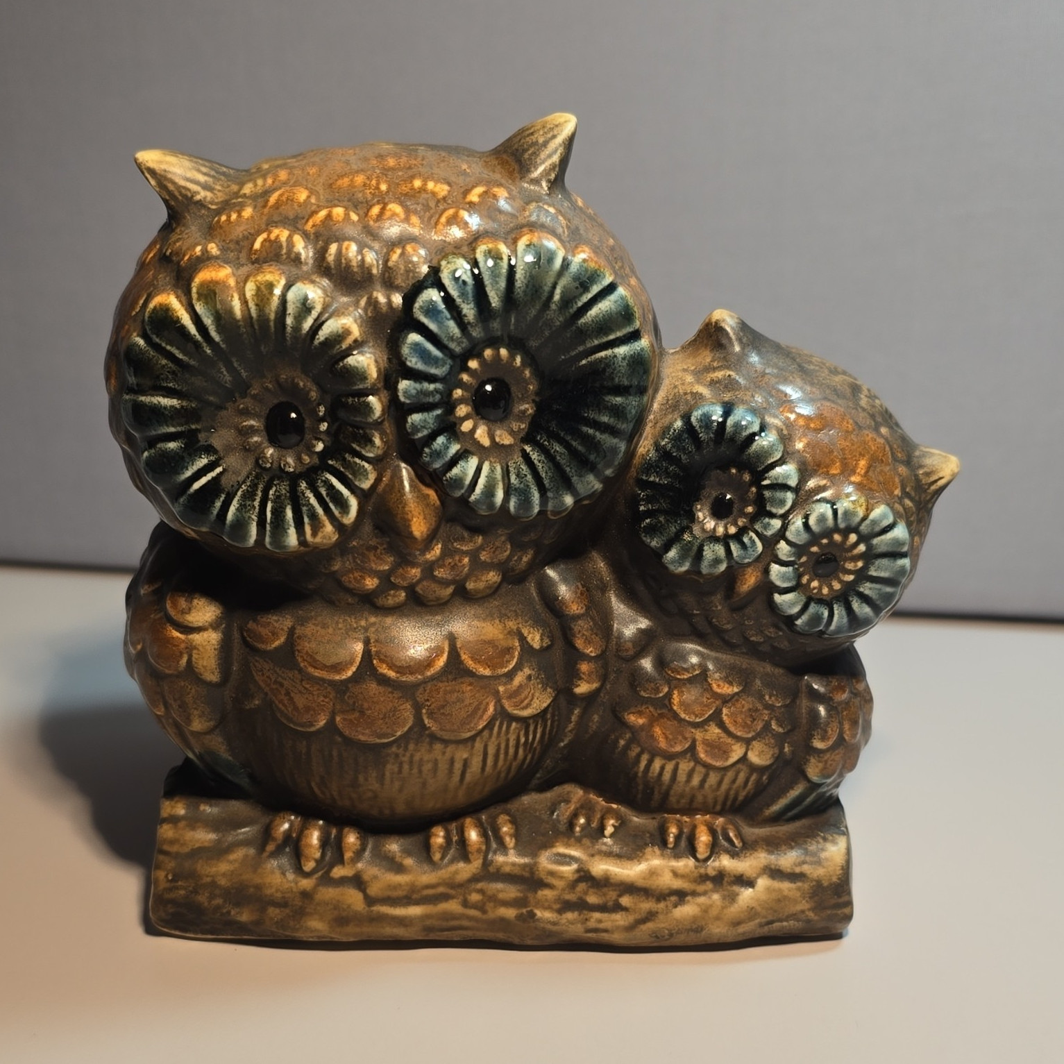 VINTAGE RELPO 2058 Owl Ceramic Planter Brown Blue Gold Mid-Century Glossy