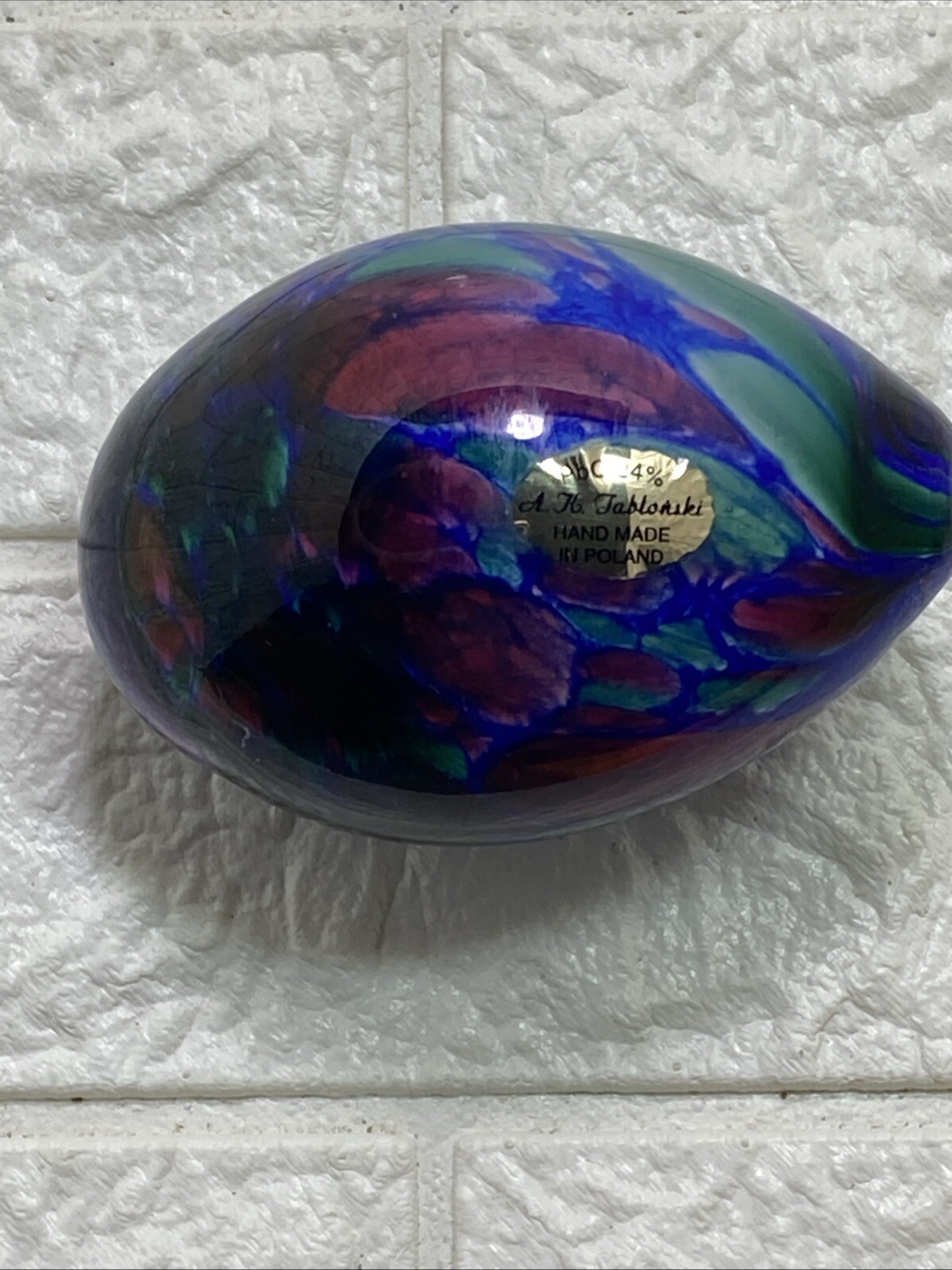 Vintage Adam JABLONSKI Art Glass Egg Shaped Paperweight Poland W/Atlantis Stand