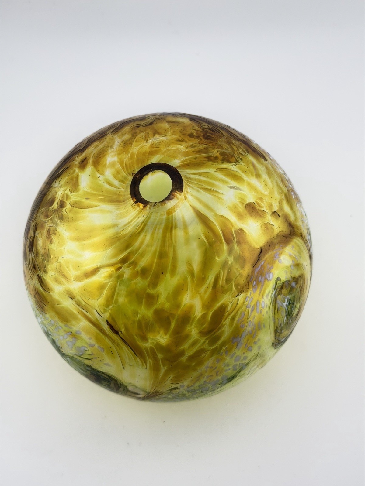 Handblown Art Glass Ball Bud Vase Yellow Brown Swirls 5”x4” 10oz. Nice!