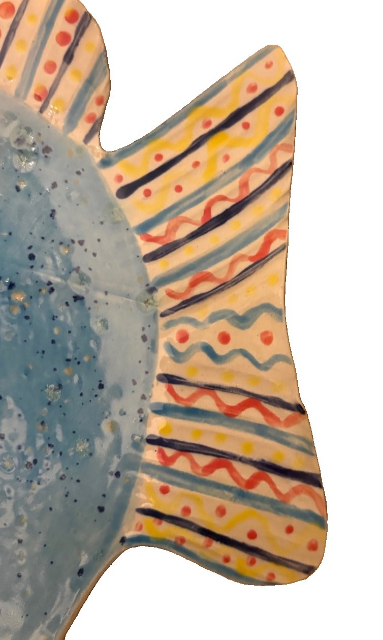 Beth Reynolds Handmade Ceramic Fish Platter Signed Large 16″ Yellow Blue