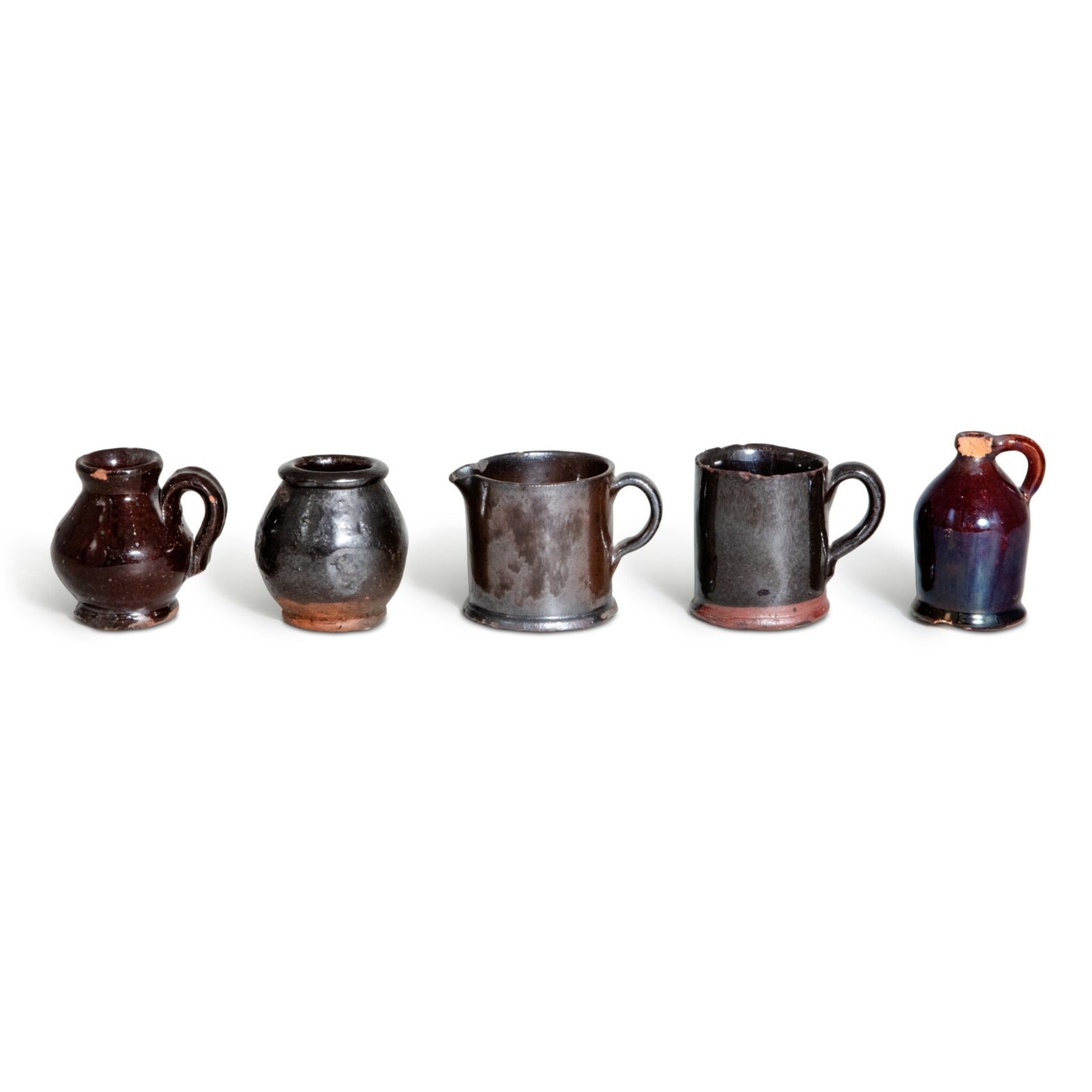 Group of Five Miniature Flint Enamel Glazed Redware Vessels, Pennsylvania, 19th