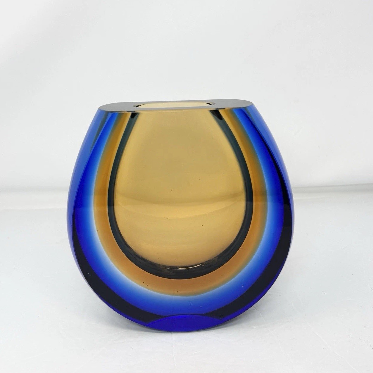 Ekaterina Yanovskaya Podkova Art Glass Vase LZHS USSR Blue Amber MCM Heavy