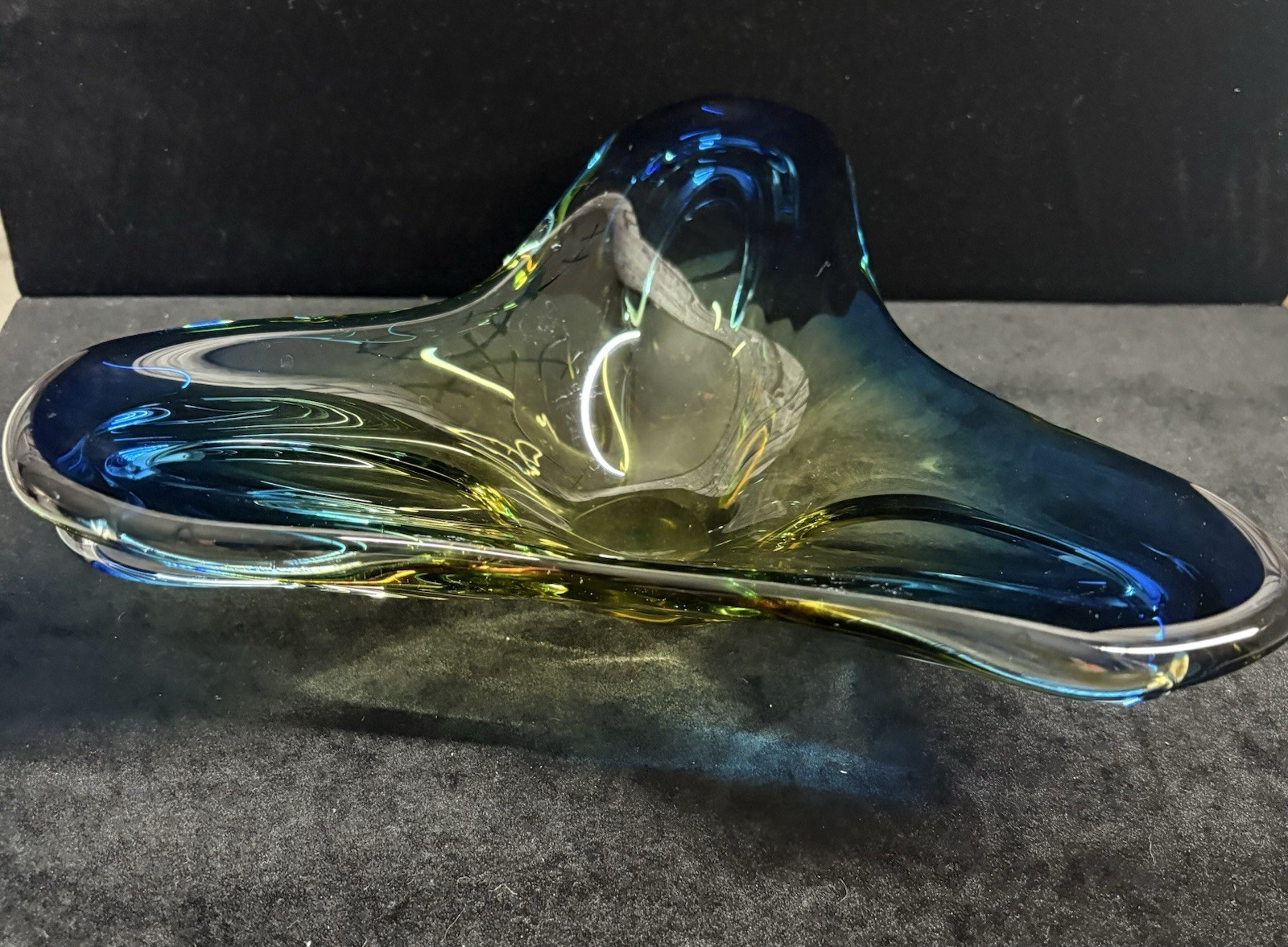 Vintage Murano Sommerso Art Glass Rounded Triangle Yellow Blue Dish Ashtray MCM