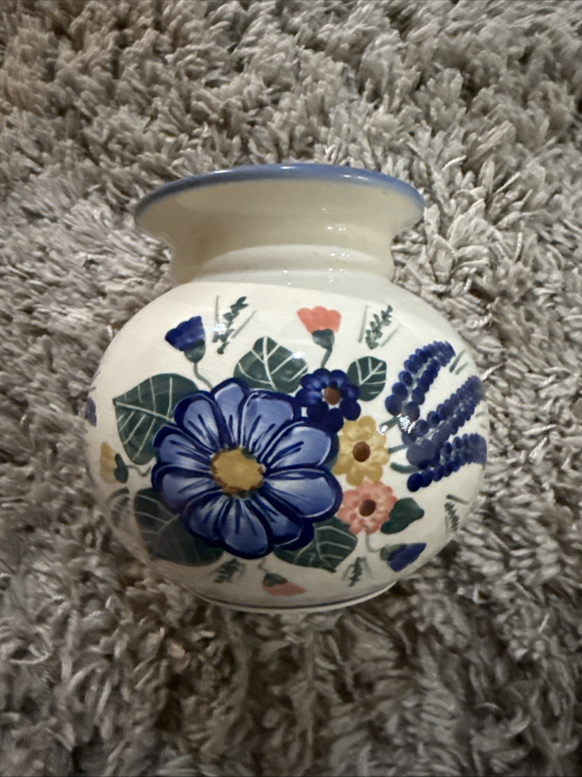 UNIKAT Handcrafted Polish Pottery Blue Flowers Vase Signed Marked Beautiful!!!