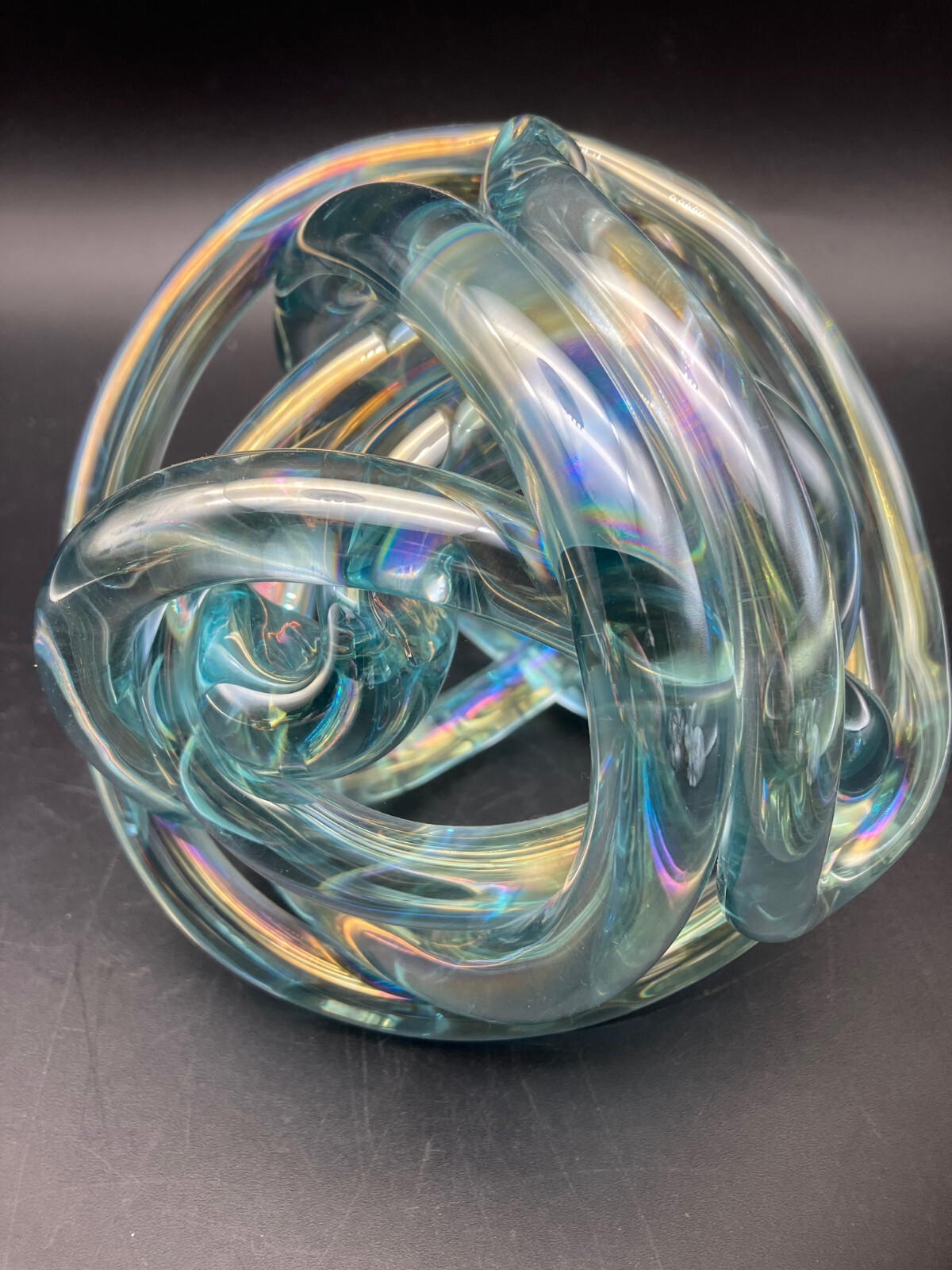 Decorative Light Blue Iridescent Pulled Glass Knot Sculpture 5.5” Gloss Finish
