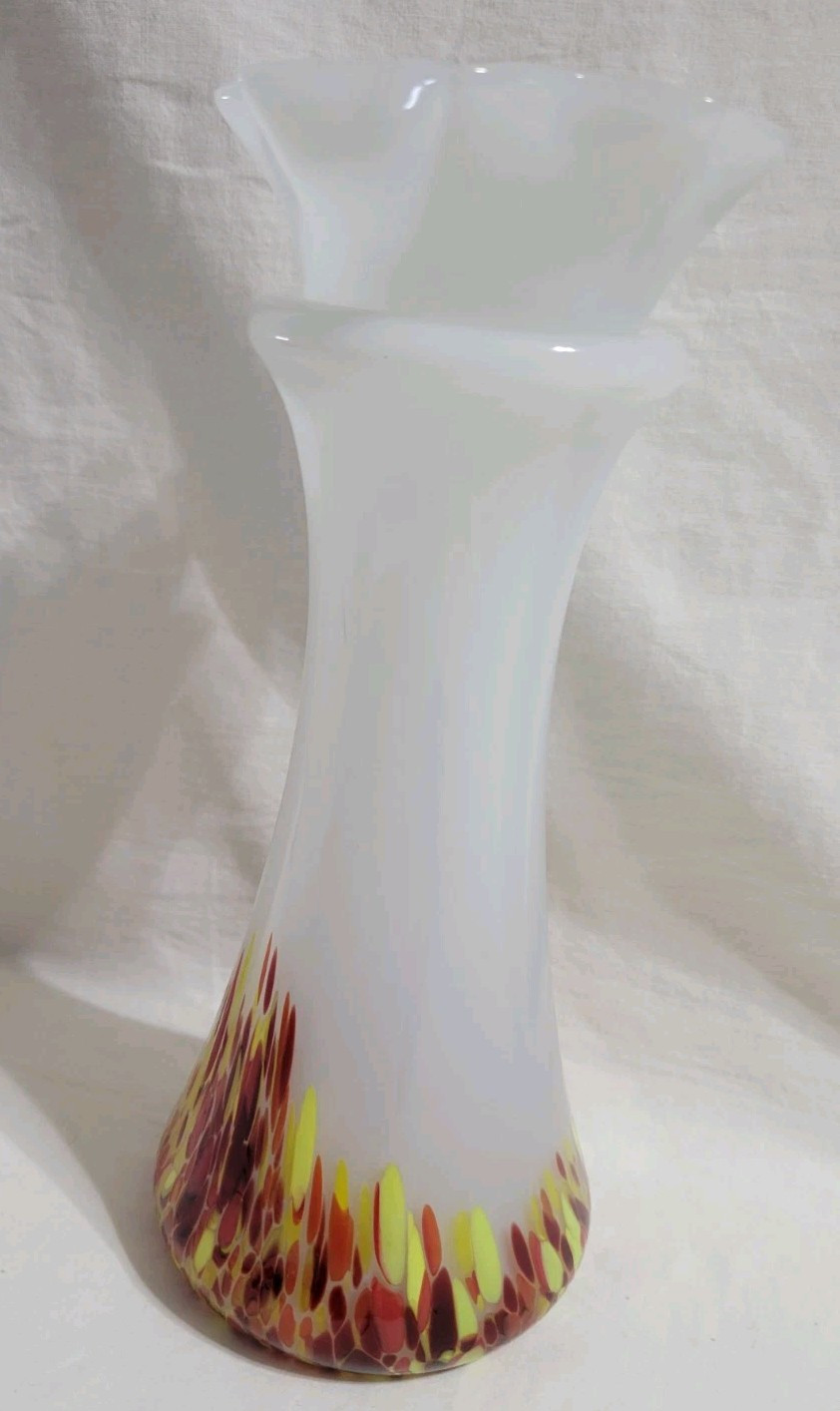 Blown Glass Vase Opaline White Confetti 8.5″ Orange Red Yellow Spatter Splatter