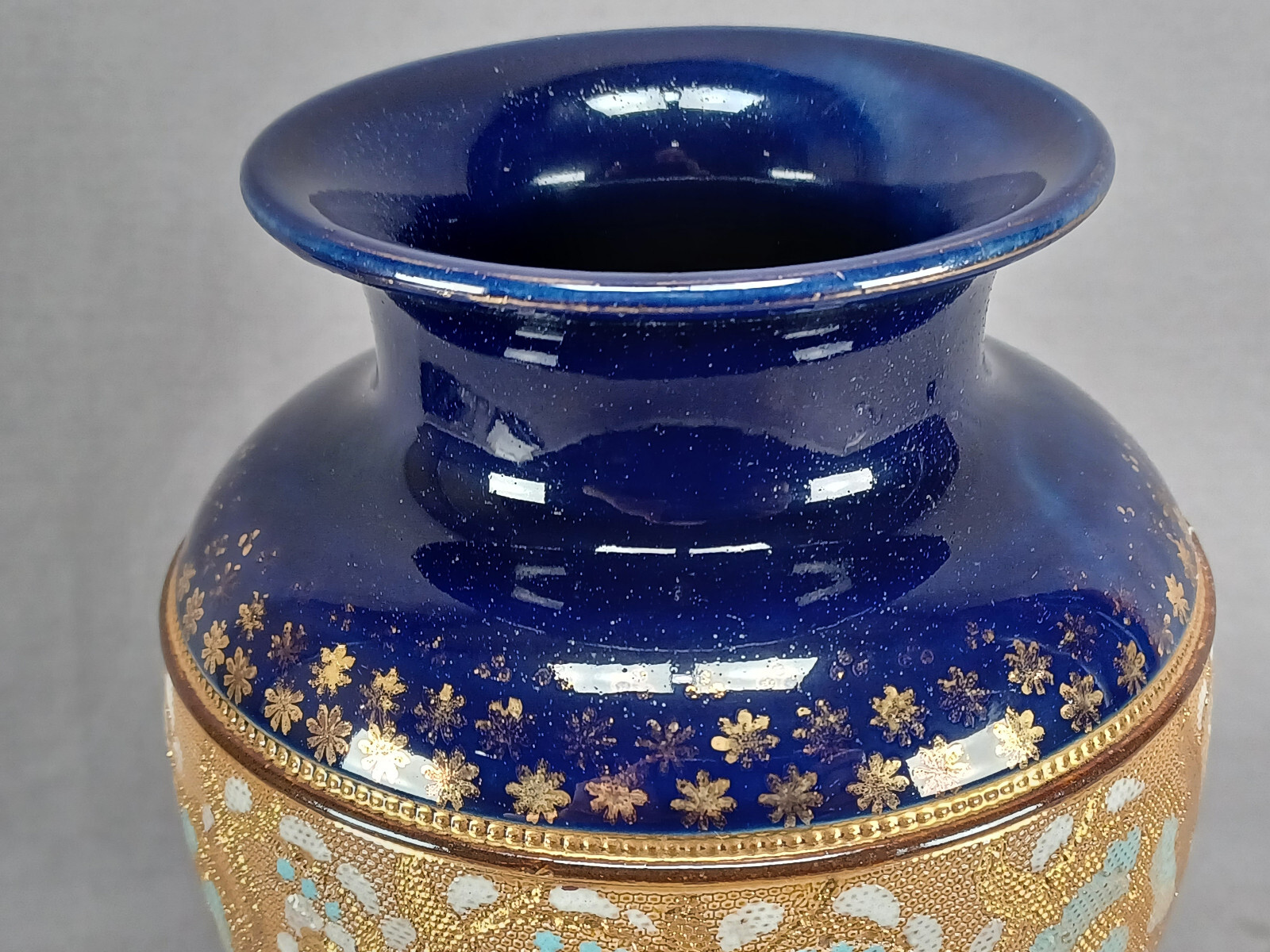 Doulton & Slaters Patent Blue & White Enamel Floral Cobalt 10 1/4 Inch Vase B